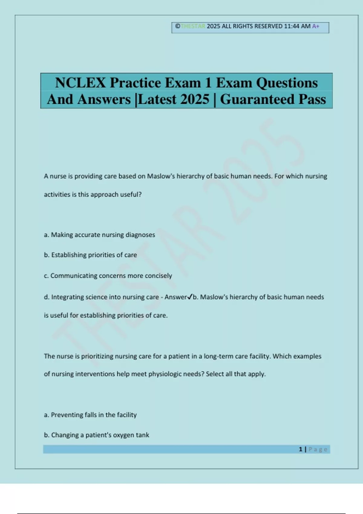 NCLEX Practice Exam 1 Exam Questions And Answers |Latest 2025 ...