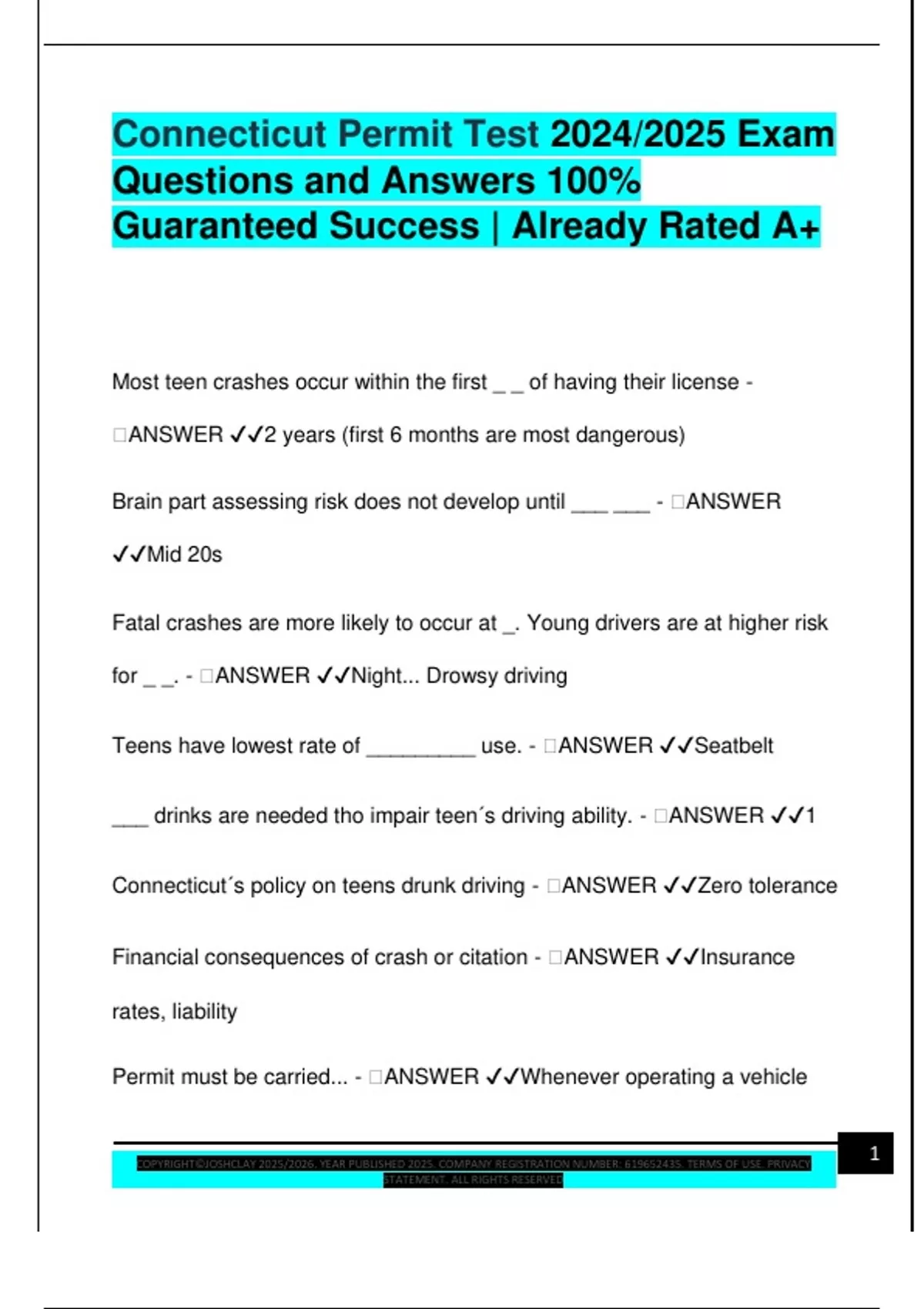 Ct Permit Test Study Guide Connecticut Permit Test 2024/2025 Exam Questions and Answers 100% ...