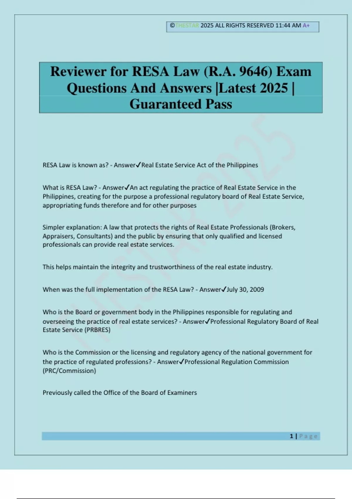 Reviewer for RESA Law (R.A. 9646) Exam Questions And Answers |Latest ...