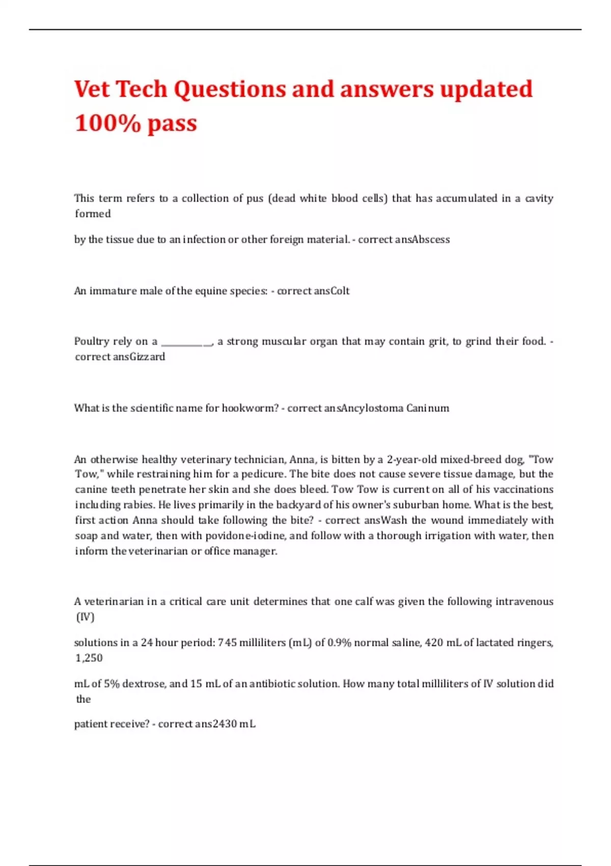Vet Tech Questions and answers updated 100% pass - Vet Tech - Stuvia US