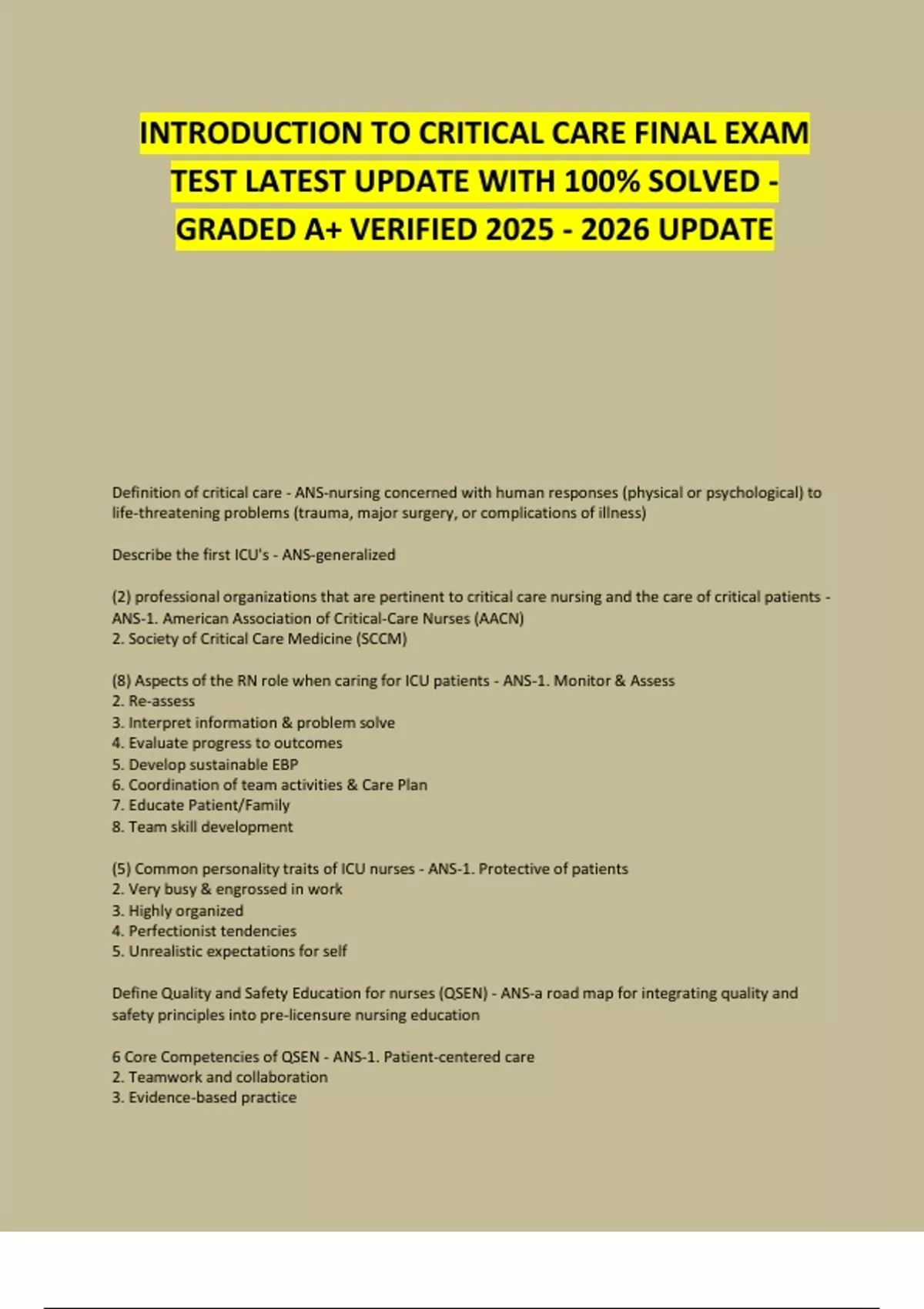 INTRODUCTION TO CRITICAL CARE FINAL EXAM TEST LATEST UPDATE WITH 100% ...