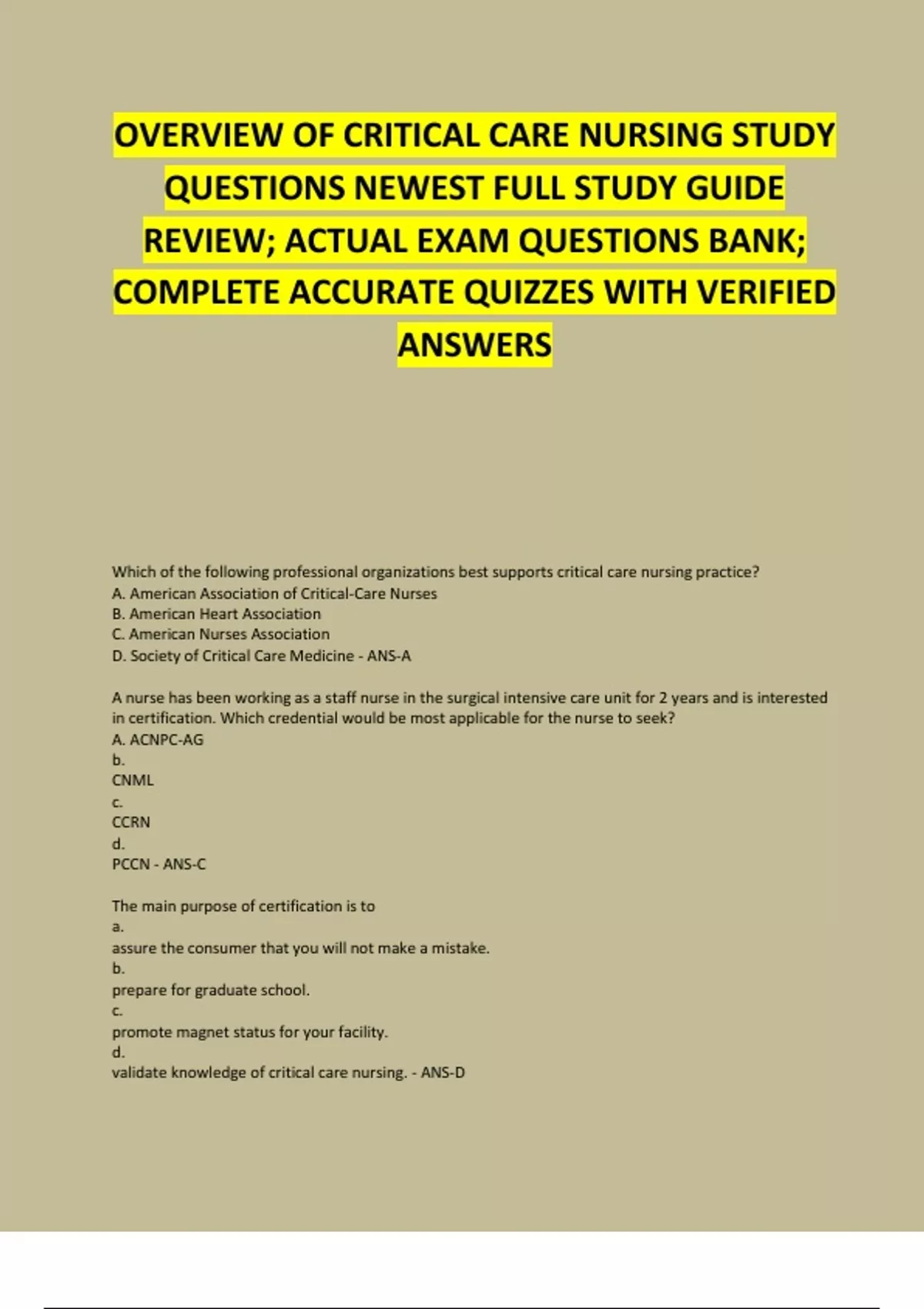 OVERVIEW OF CRITICAL CARE NURSING STUDY QUESTIONS NEWEST FULL STUDY ...