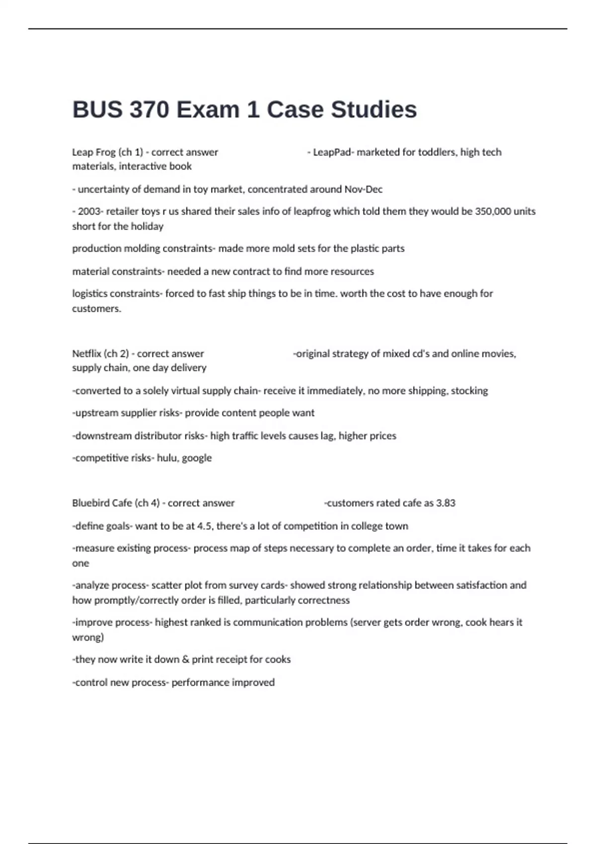BUS 370 Exam 1 Case Studies Questions And Answers Distinction ...