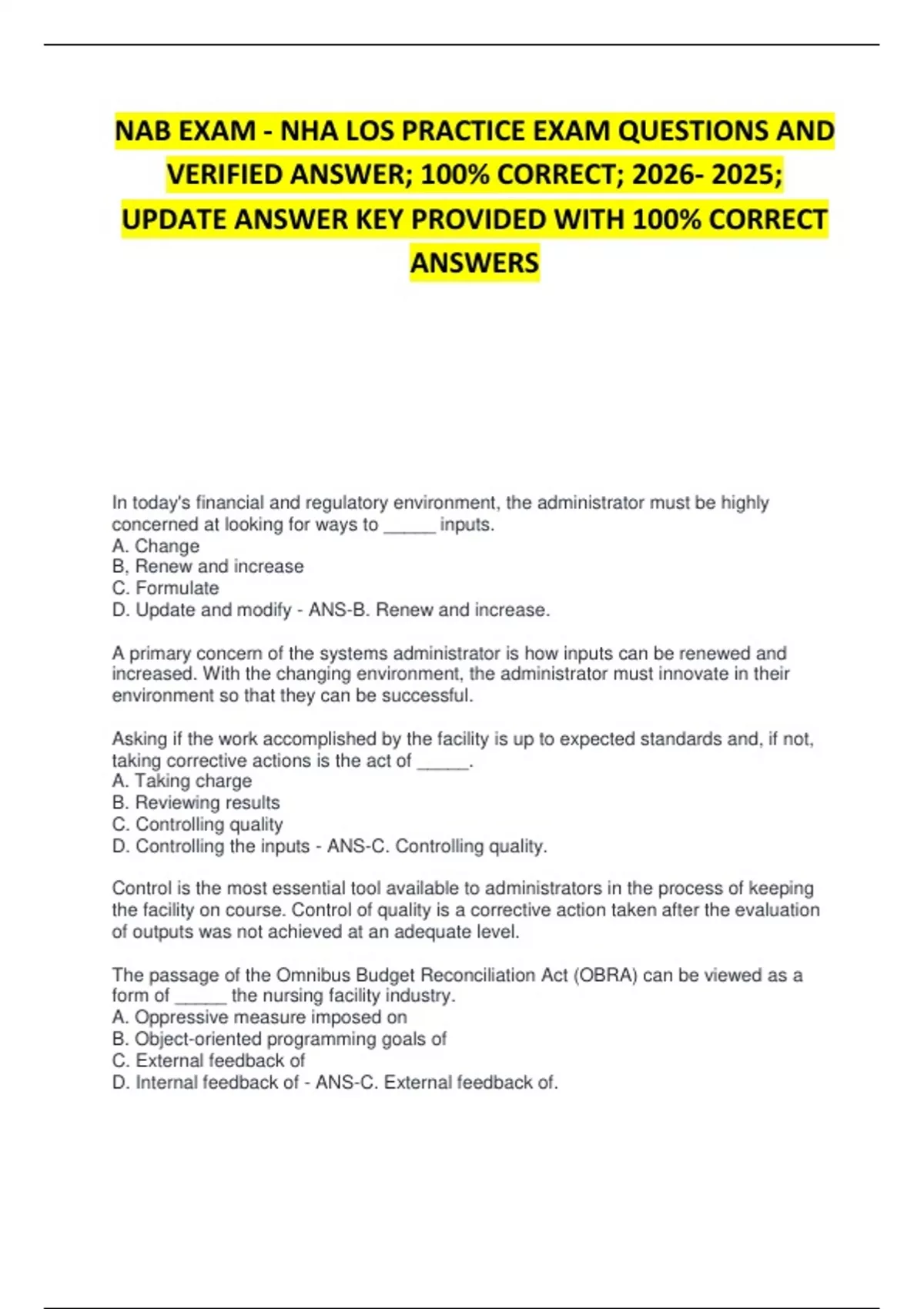 Nab Comprehension NAB EXAM - NHA LOS PRACTICE EXAM QUESTIONS AND VERIFIED ANSWER; 100% ...