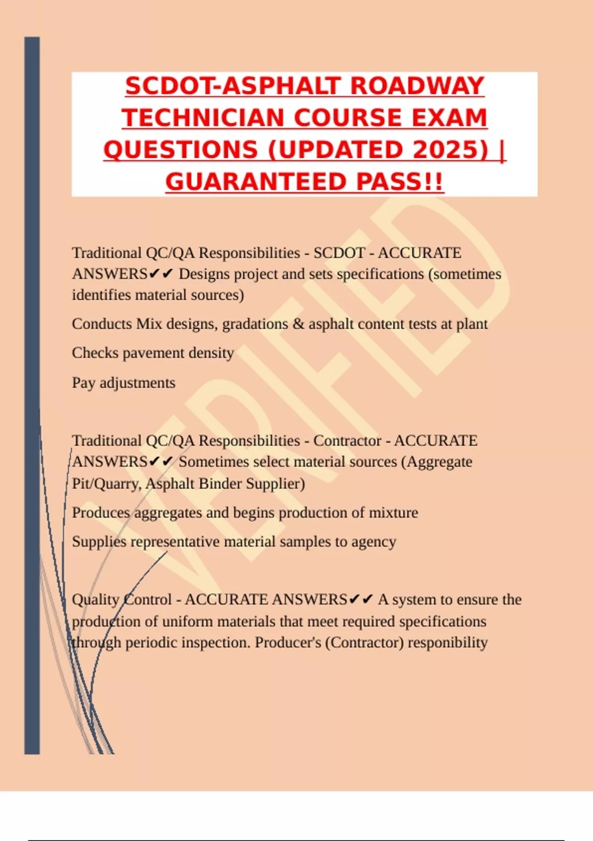 SCDOT-ASPHALT ROADWAY TECHNICIAN COURSE EXAM QUESTIONS (UPDATED 2025 ...