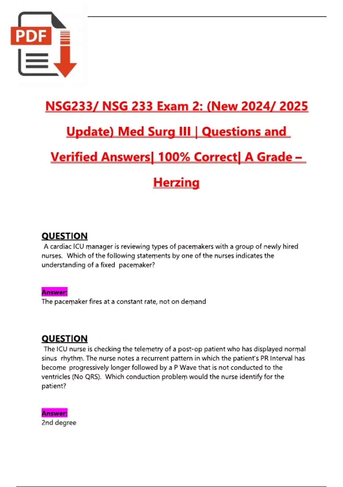 NSG233/ NSG 233 Exam 2: (New 2024/ 2025 Update) Med Surg III ...