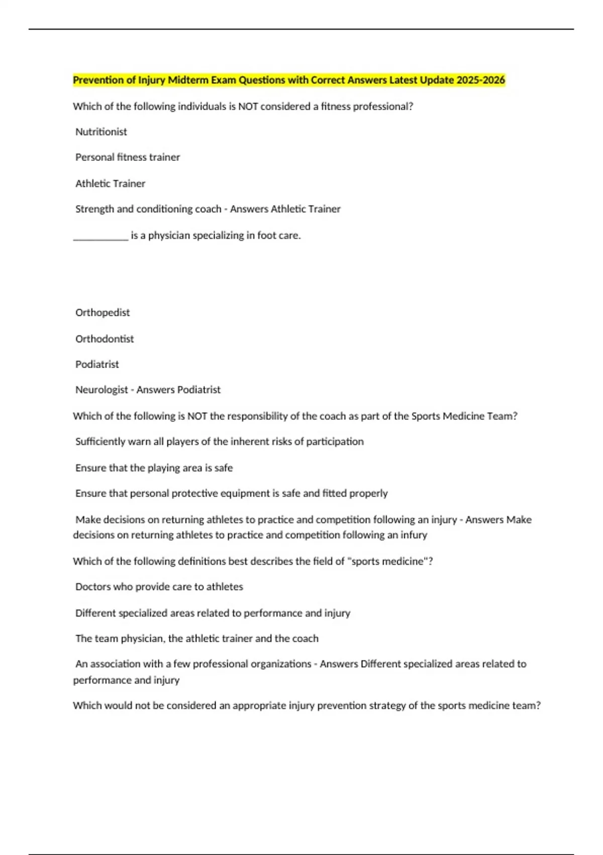 Post Injury Questions Prevention of Injury Midterm Exam Questions with Correct Answers Latest ...