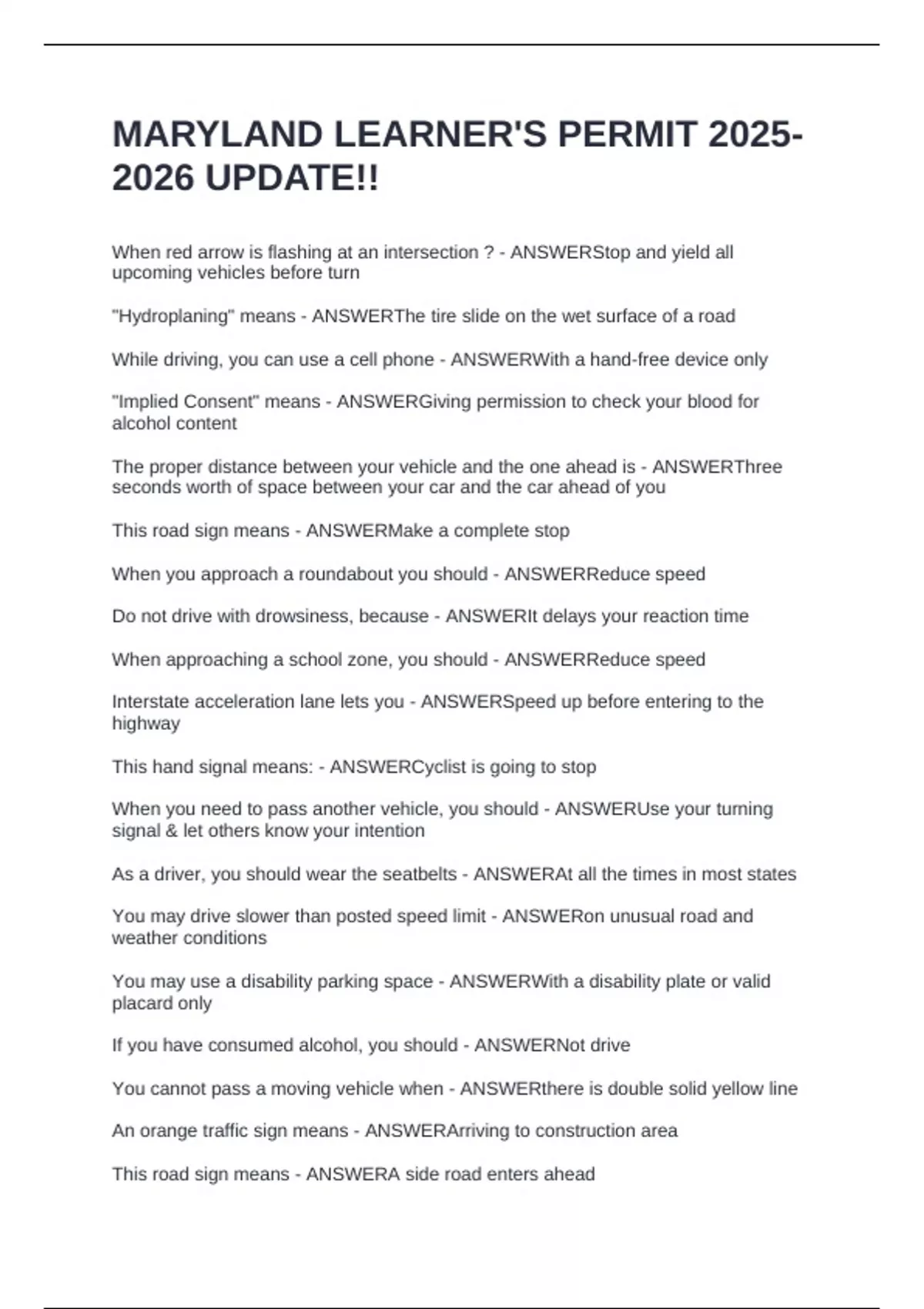 MARYLAND LEARNER'S PERMIT UPDATE!! - MARYLAND LEARNER\\\'S - Stuvia US