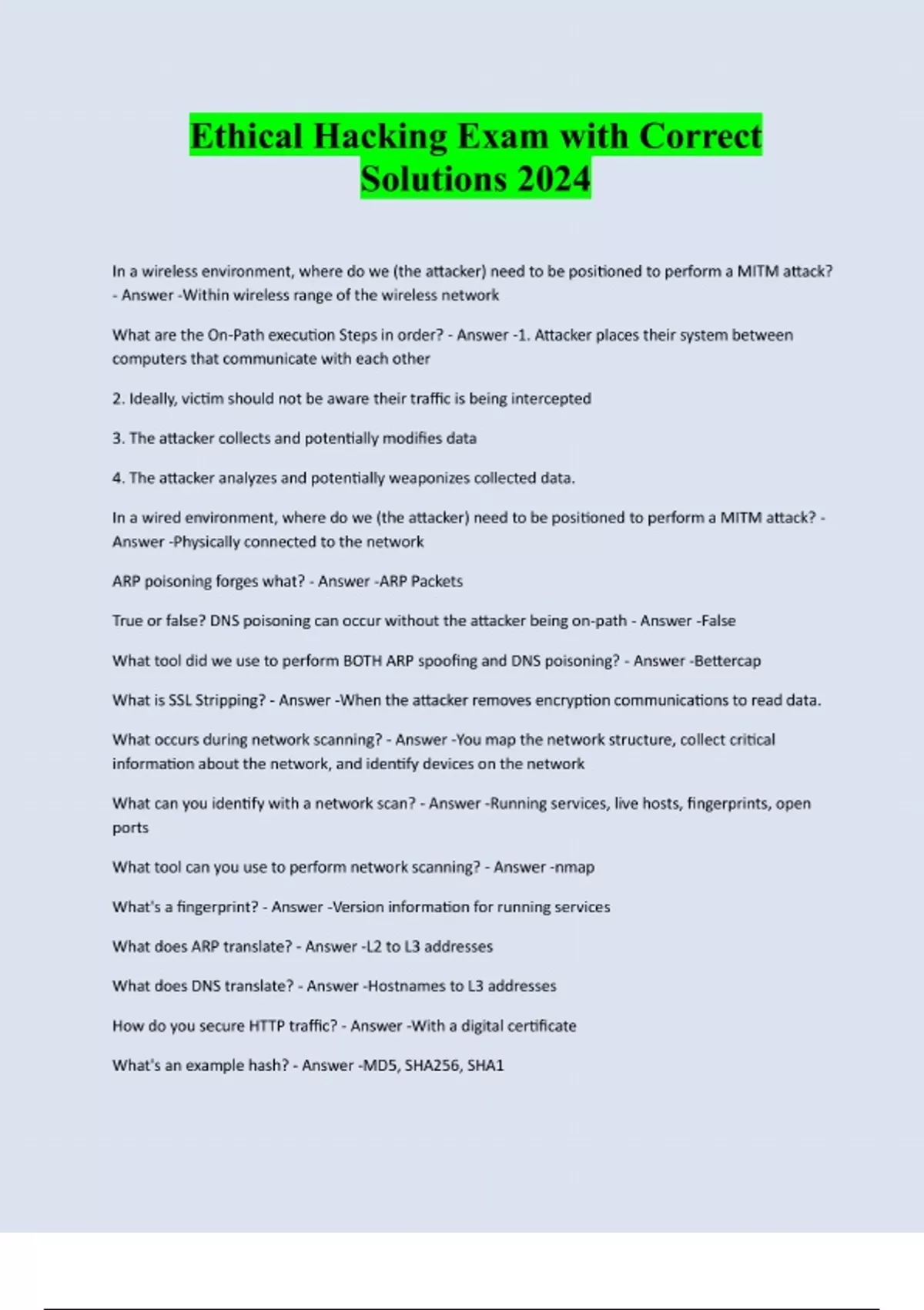 Ethical Hacking Exam with Correct Solutions 2024/2025 - Ethical Hacking ...