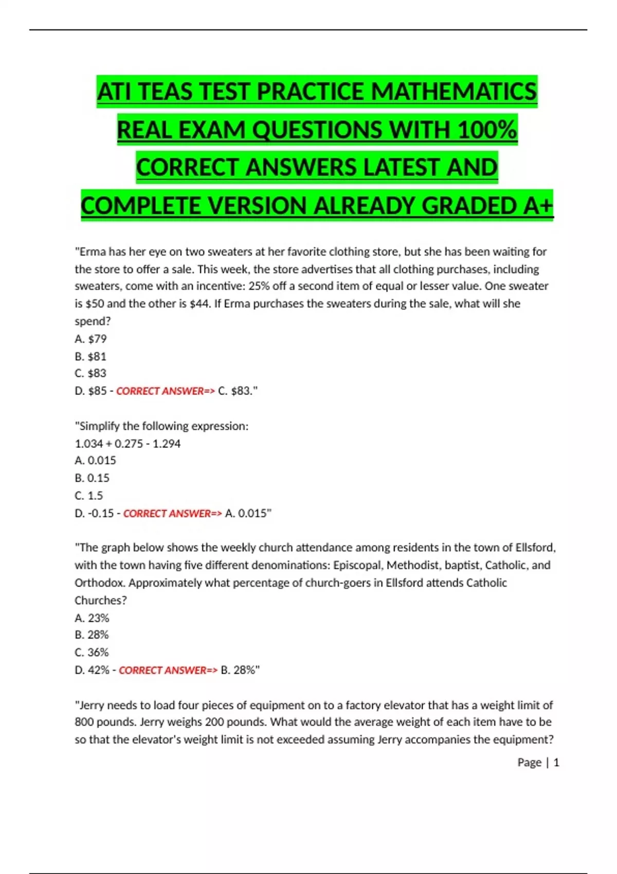 ATI TEAS TEST PRACTICE MATHEMATICS REAL EXAM QUESTIONS WITH 100% ...