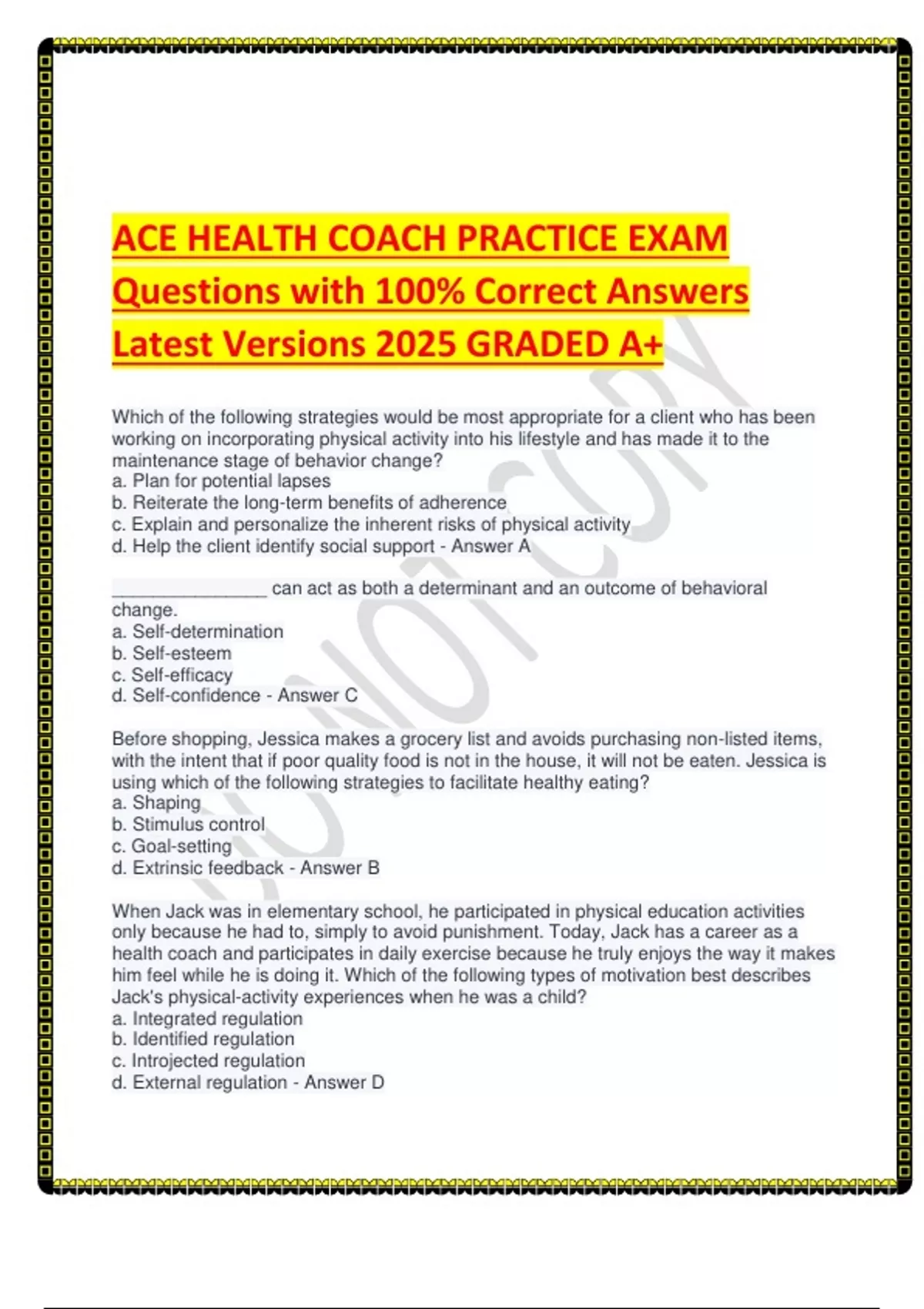 ACE HEALTH COACH PRACTICE EXAM Questions with 100- Correct Answers ...