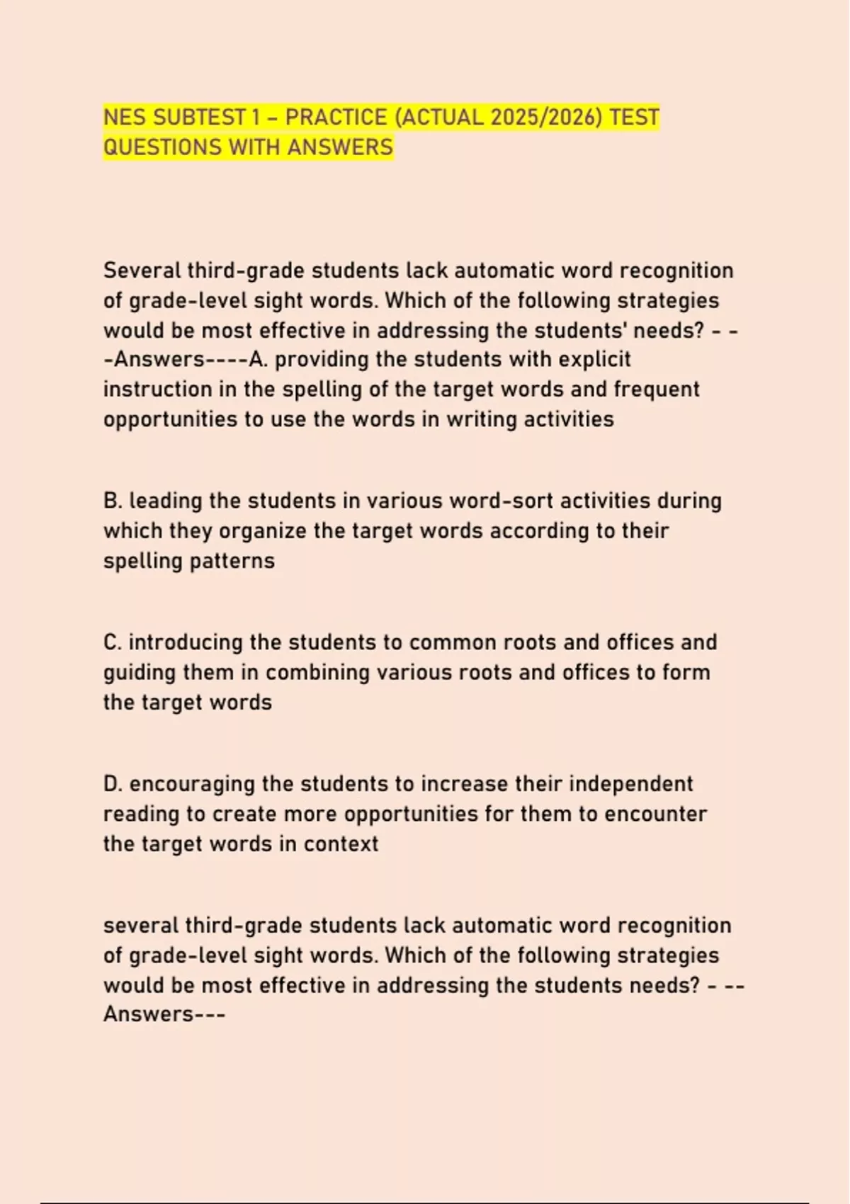 NES SUBTEST 1 – PRACTICE (ACTUAL 2025/2026) TEST QUESTIONS WITH ANSWERS ...