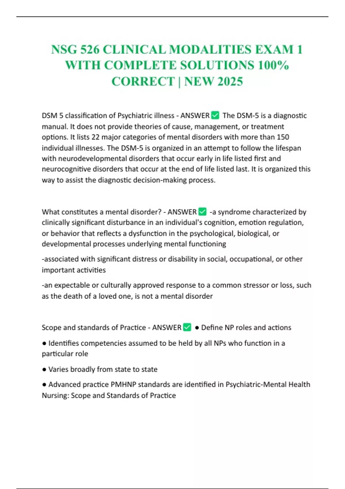 NSG 526 CLINICAL MODALITIES EXAM 1 WITH COMPLETE SOLUTIONS 100% CORRECT ...