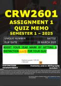 CRW2601 ASSIGNMENT 1 QUIZ MEMO - SEMESTER 1 - 2025 - UNISA &ndash; DUE DATE&colon; - 28 MARCH 2025 &lpar;DISTINCTION GUARANTEED&excl;&rpar;