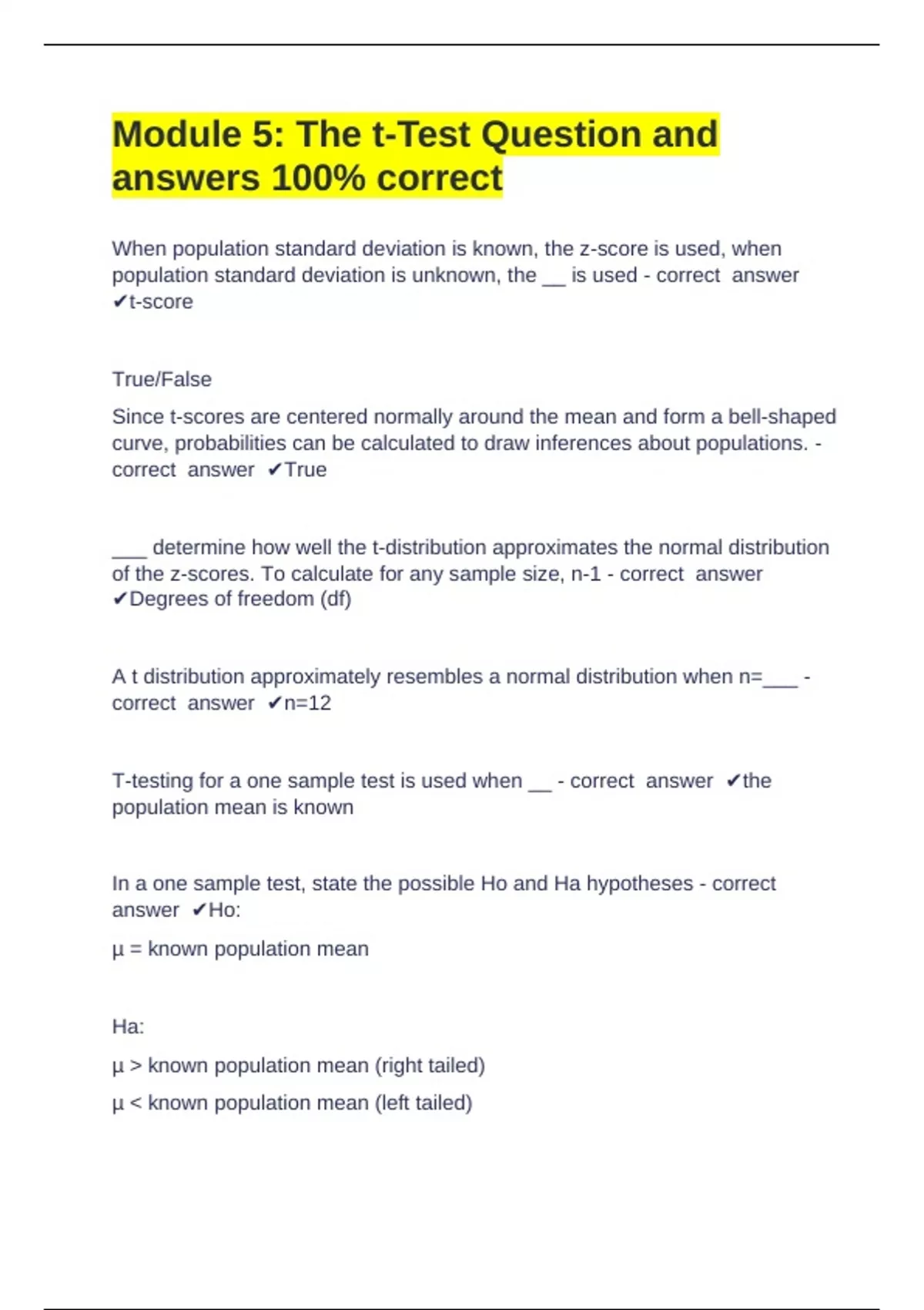 Module 5: The t-Test Question and answers 100% correct - Module 5: The ...