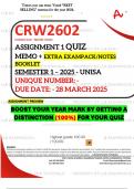 CRW2602 ASSIGNMENT 1 QUIZ MEMO - SEMESTER 1 - 2025 - UNISA &ndash; DUE DATE&colon; - 28 MARCH 2025 &lpar;QUIZ ANSWERS - DISTINCTION GUARANTEED&excl;&rpar; INCLUDES FREE MCQ BOOKLET