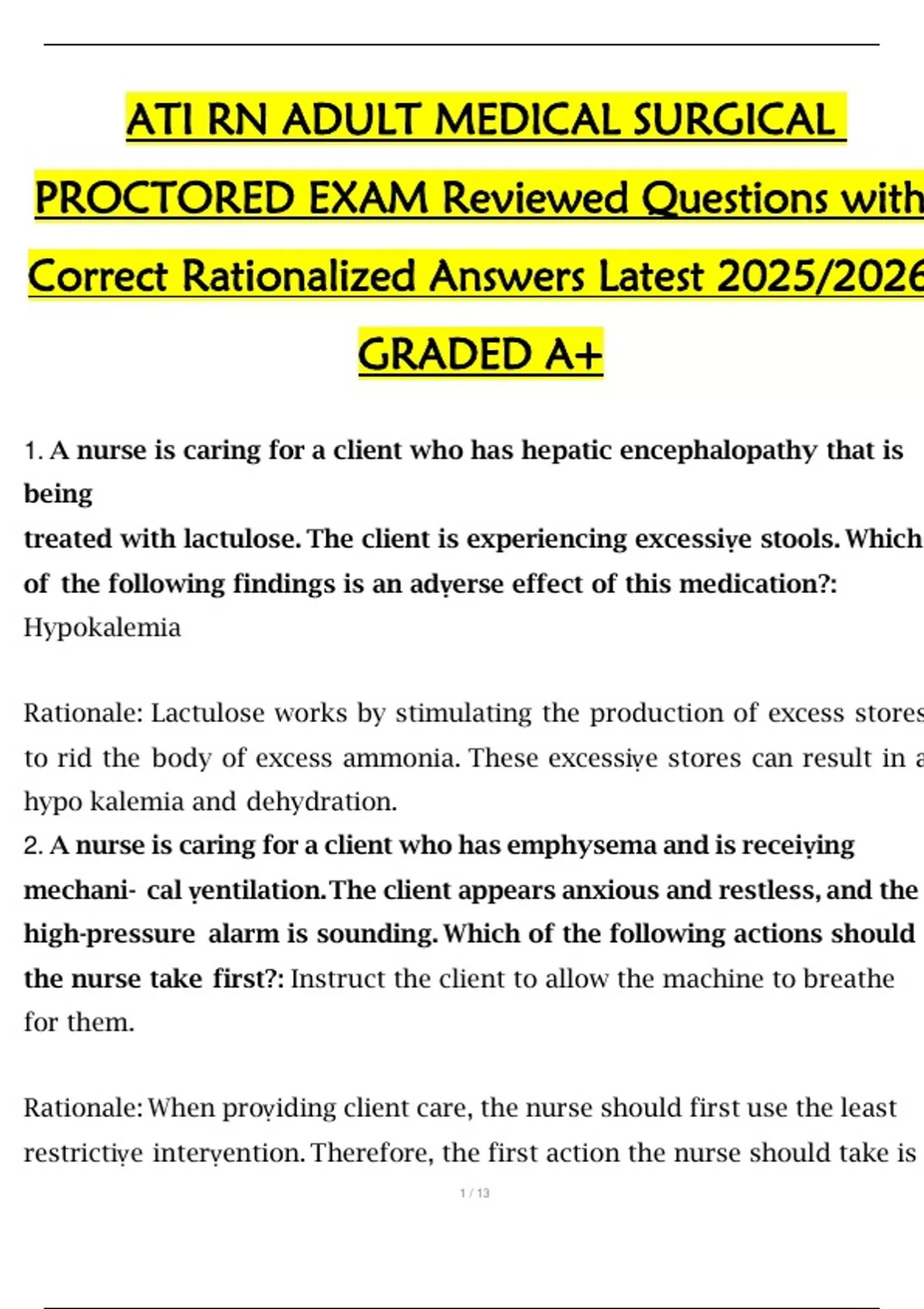 ATI RN ADULT MEDICAL SURGICAL PROCTORED EXAM Reviewed Questions with ...