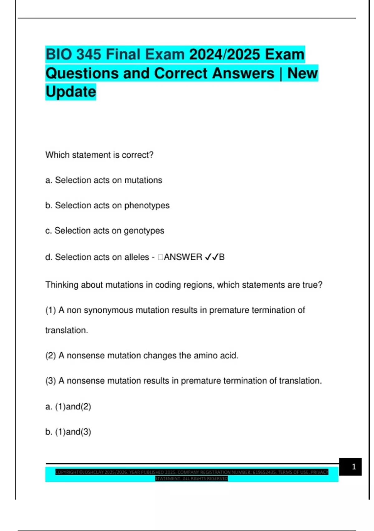 BIO 345 Final Exam 2024/2025 Exam Questions and Correct Answers | New ...