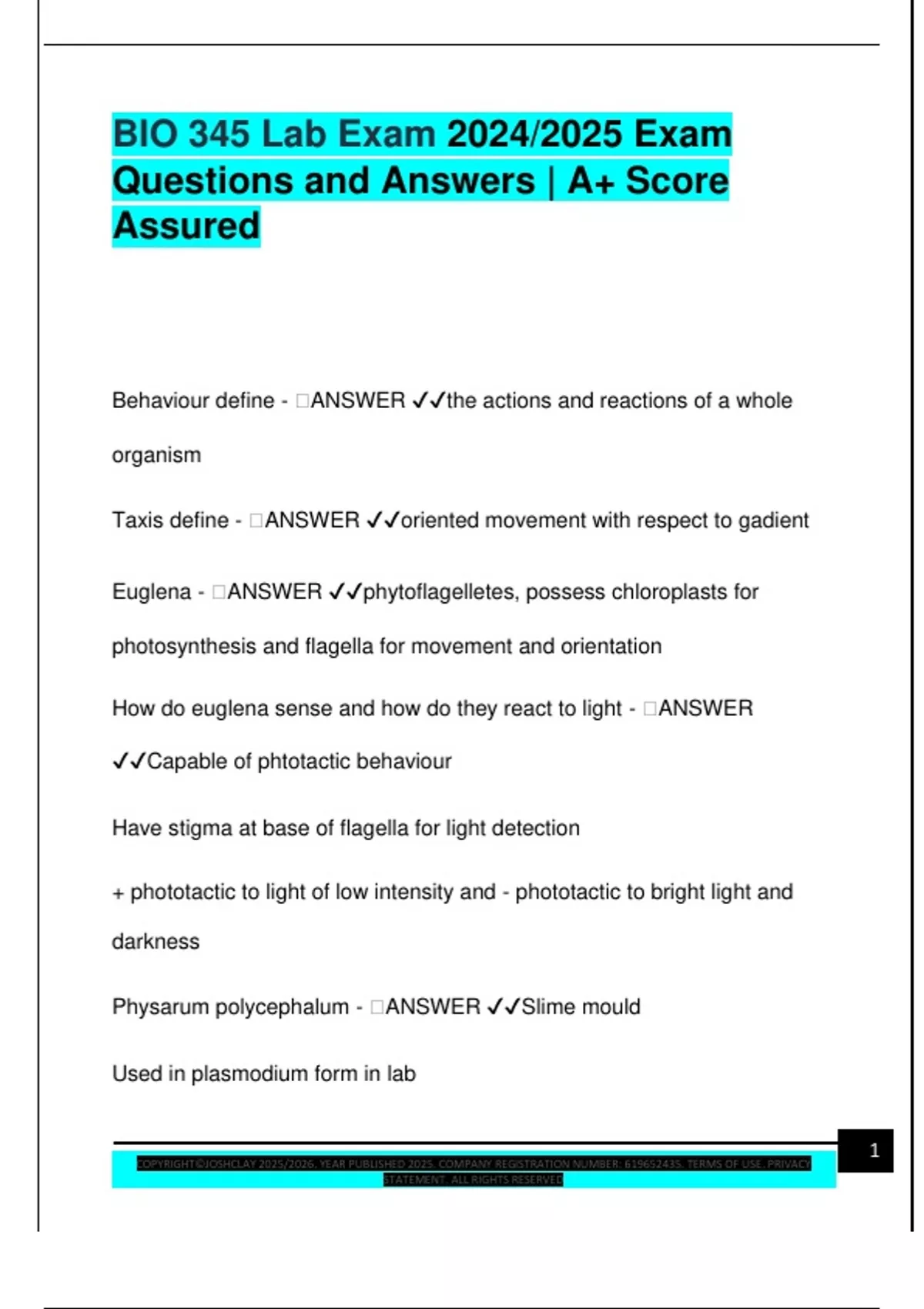 BIO 345 Lab Exam 2024/2025 Exam Questions and Answers | A+ Score ...