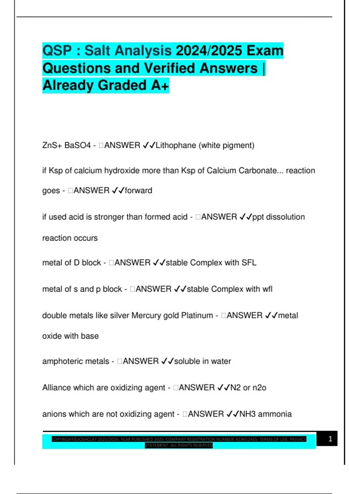 Salt Analysis Questions QSP : Salt Analysis 2024/2025 Exam Questions and Verified Answers ...