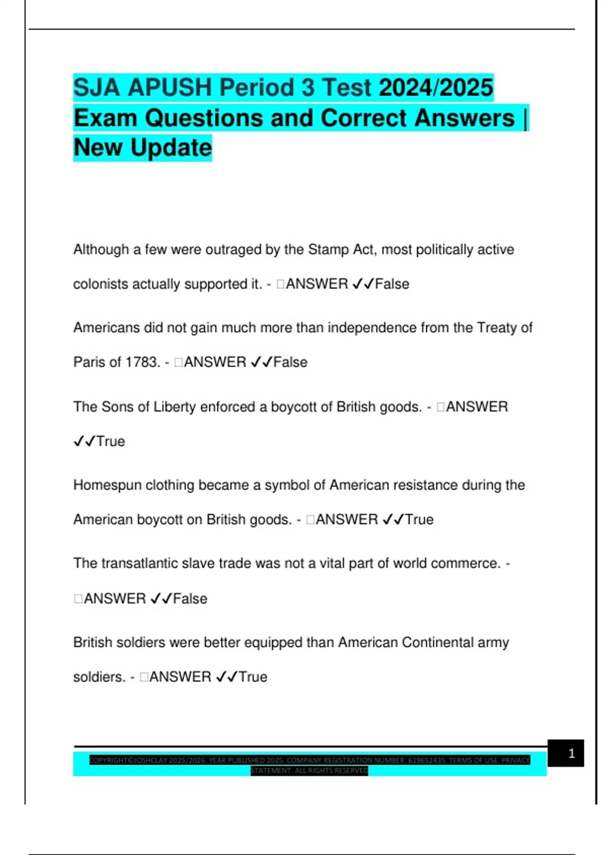 SJA APUSH Period 3 Test 2024/2025 Exam Questions and Correct Answers ...