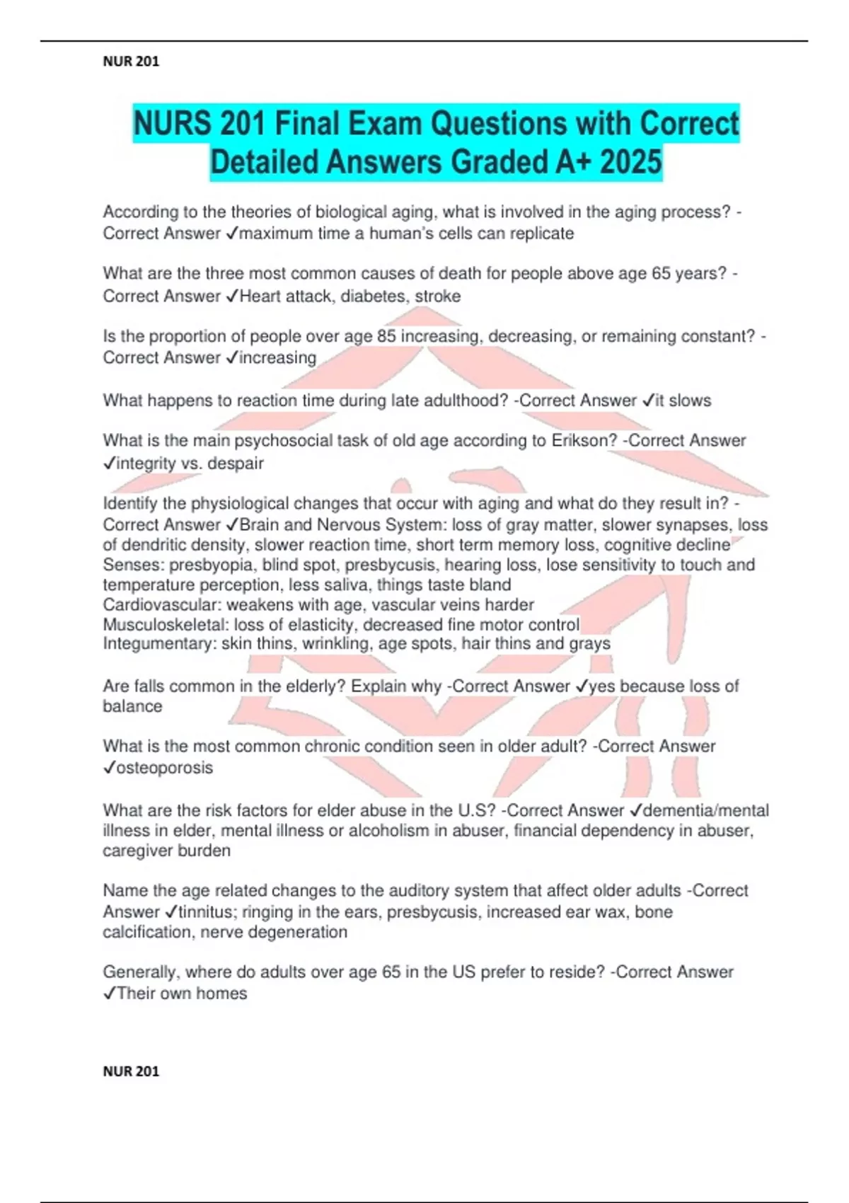 NURS 201 Final Exam Questions with Correct Detailed Answers Graded A+ ...