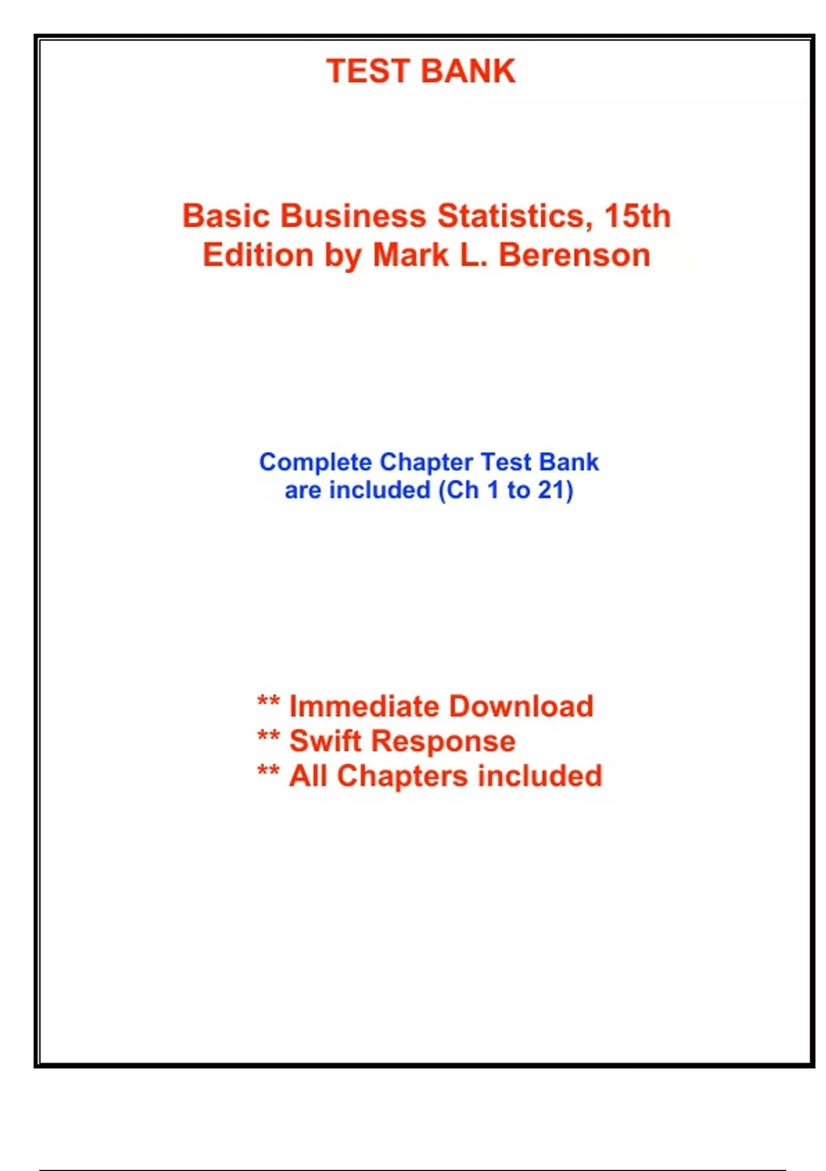 Test Bank for Basic Business Statistics, 15th Edition by Berenson (All ...