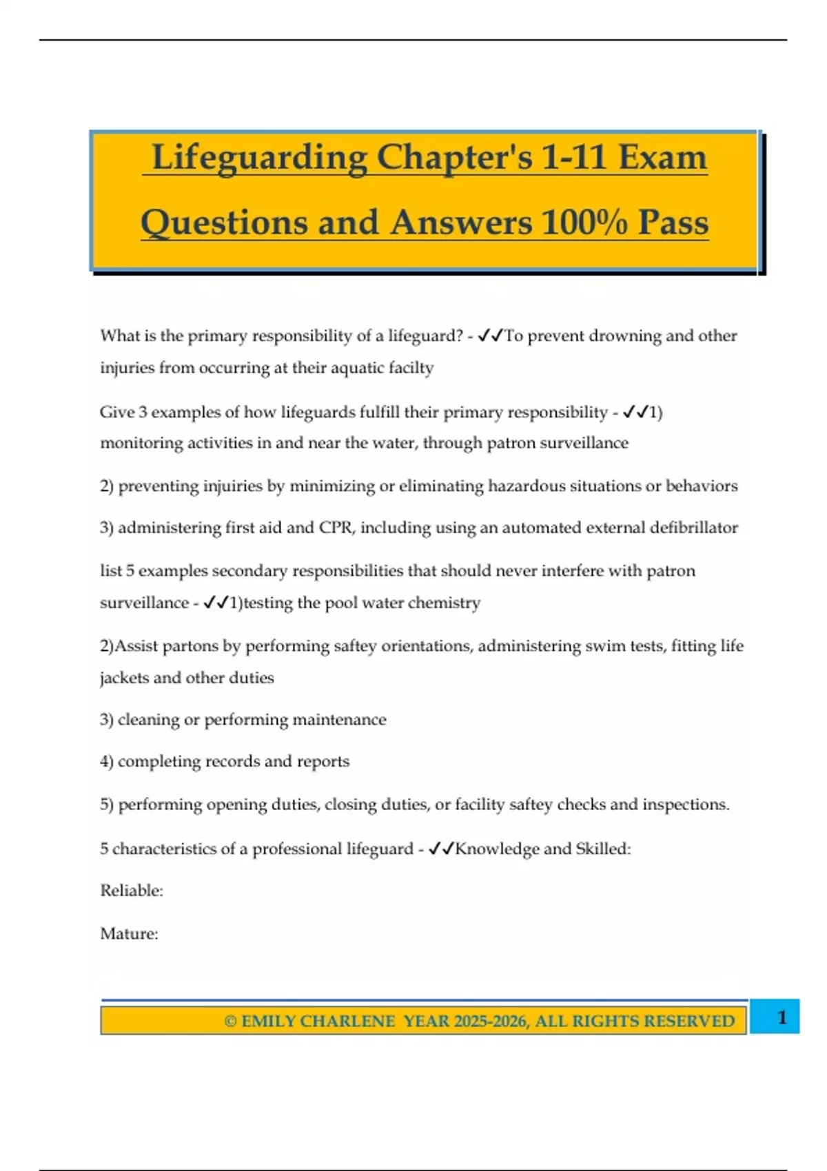 Lifeguarding Chapter's 1-11 Exam Questions and Answers 100% Pass ...