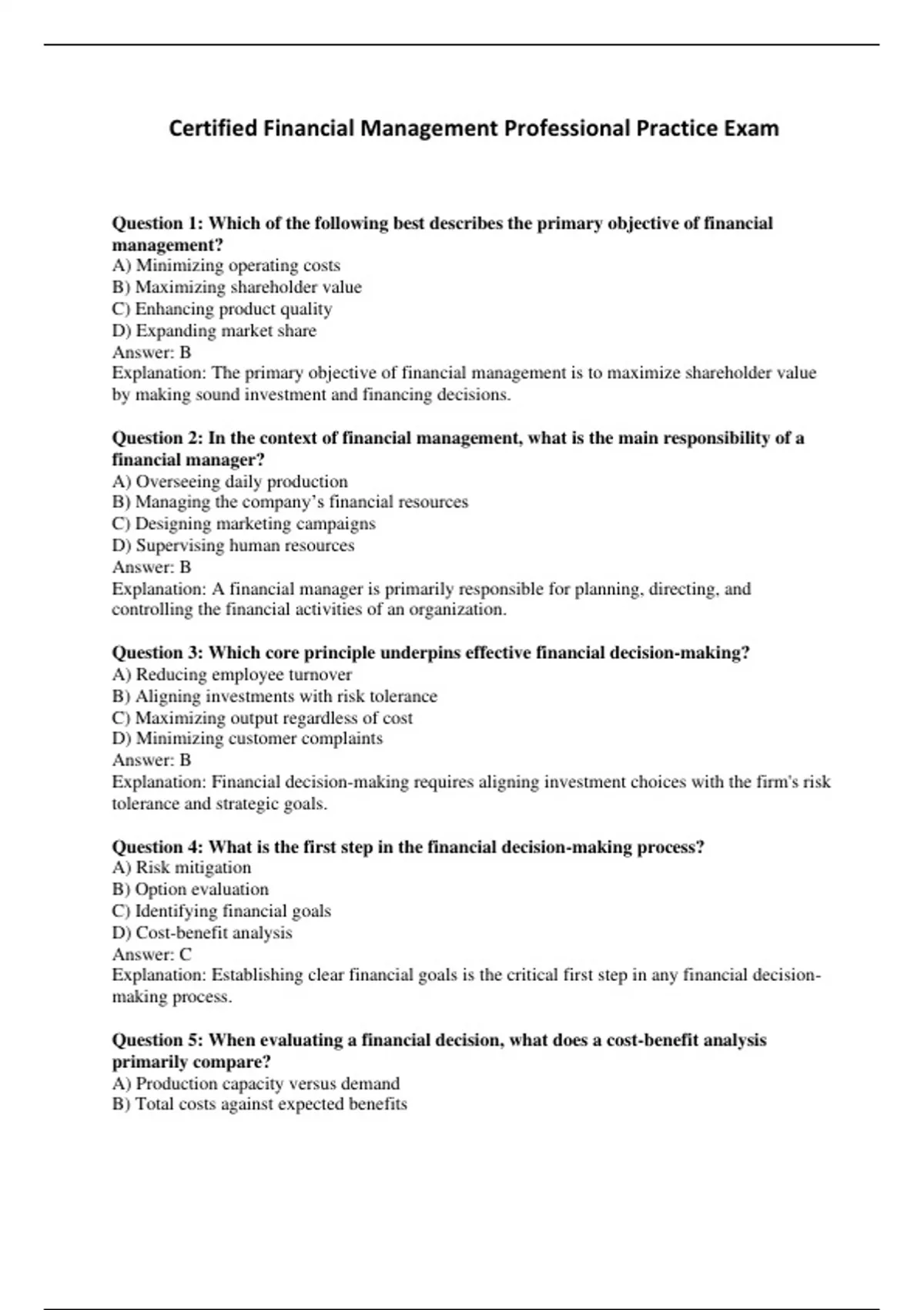 Certified Financial Management Professional Practice Exam - Computers ...