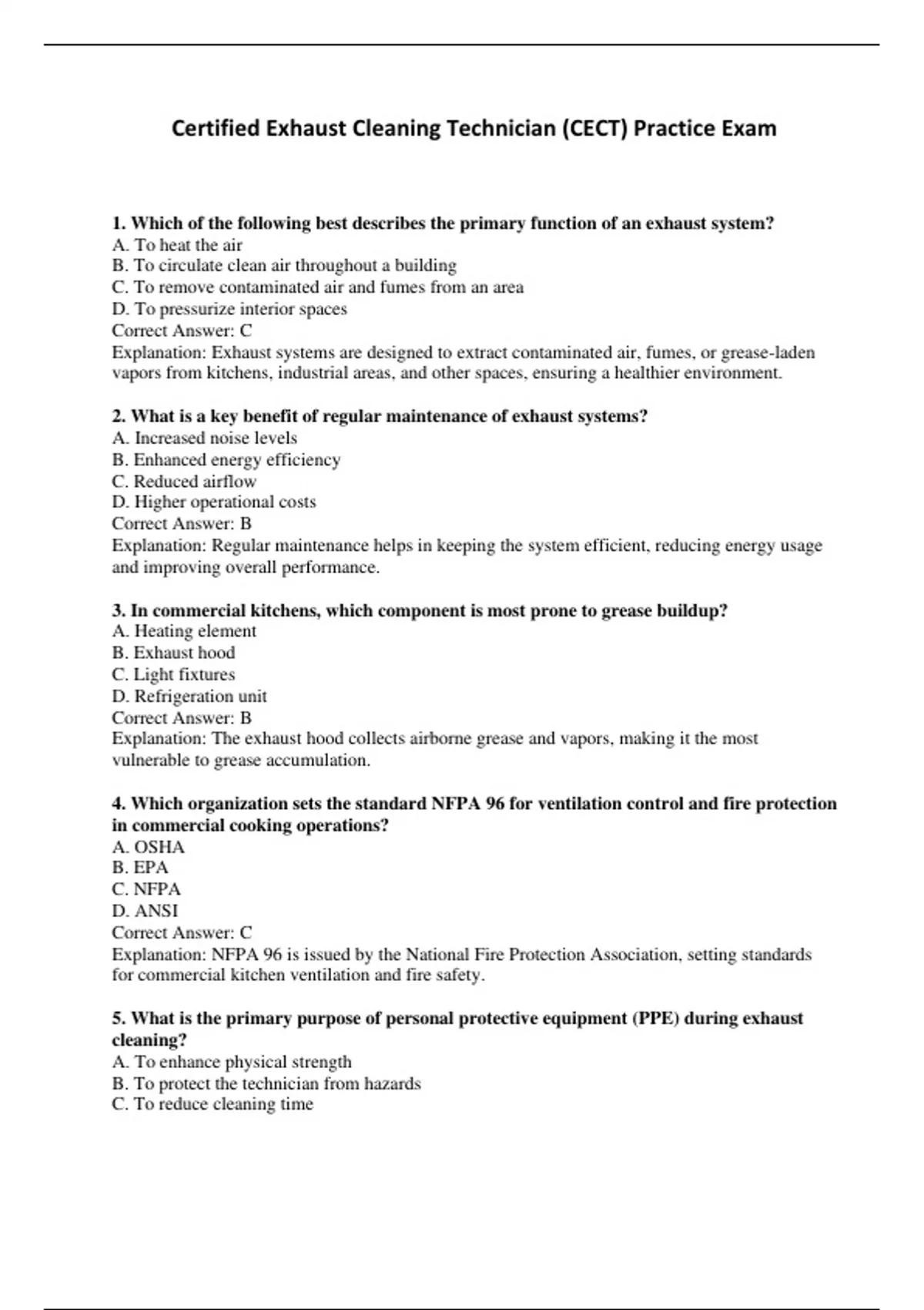 Clean Certification Test Certified Exhaust Cleaning Technician (CECT) Practice Exam - Computers ...