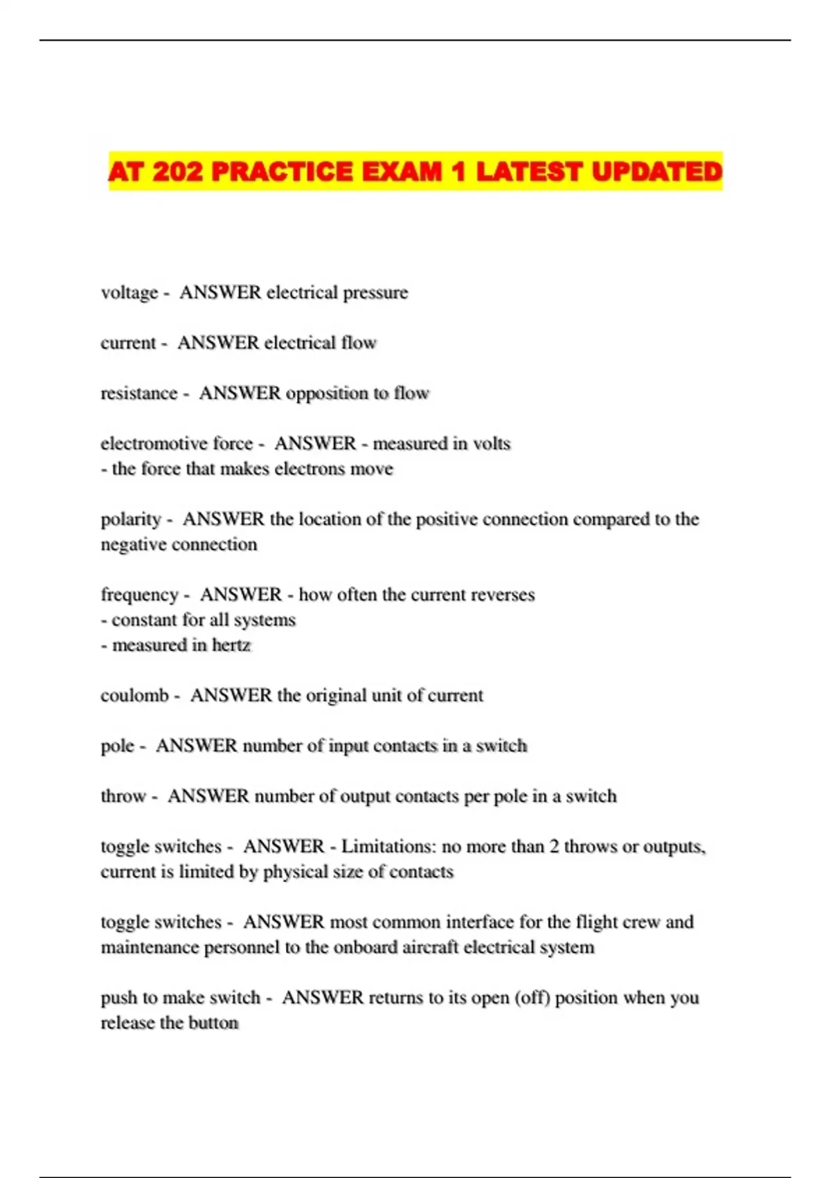 AT 202 PRACTICE EXAM 1 LATEST UPDATED - AT 202 - Stuvia US