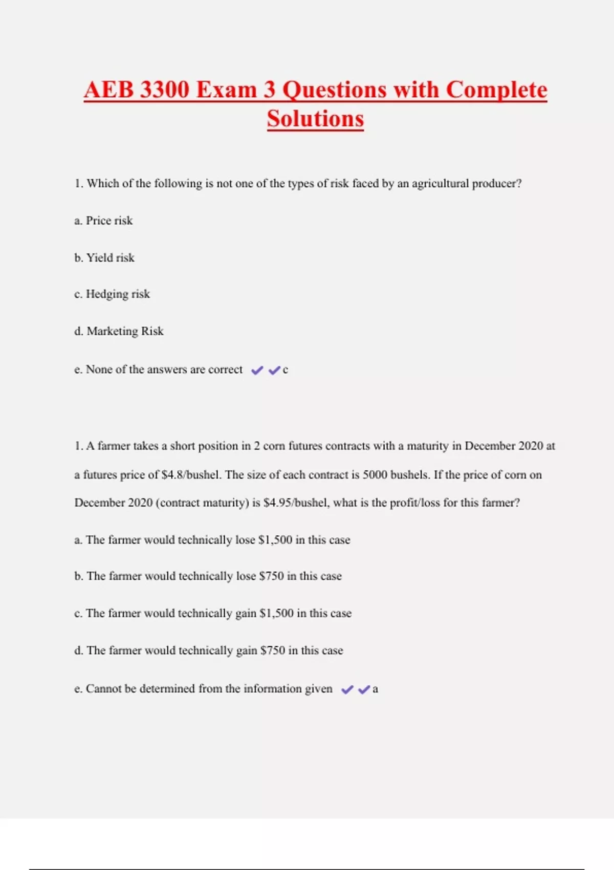 AEB 3300 Exam 3 Questions with Complete Solutions - AEB 3300 - Stuvia US