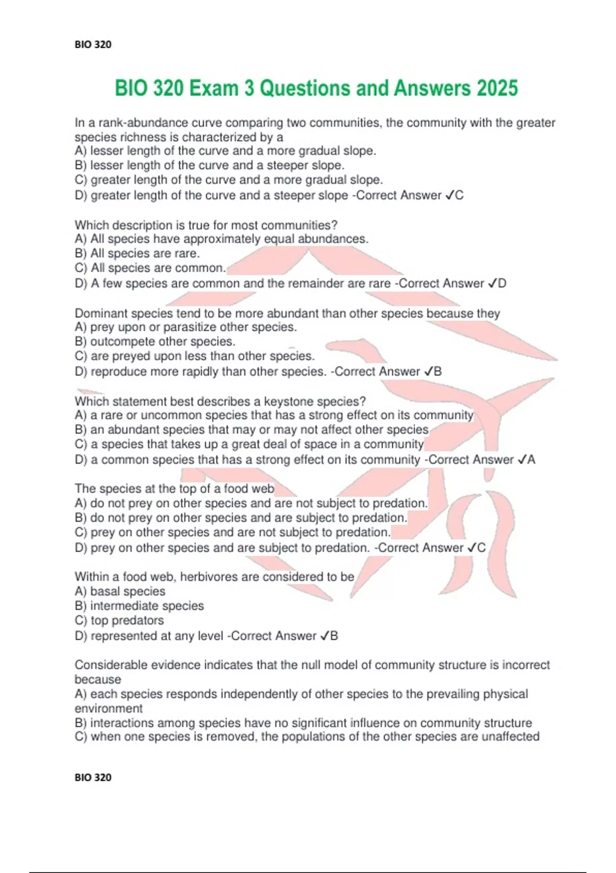 BIO 320 Exam 3 Questions and Answers 2025 - BIO 320 - Stuvia US