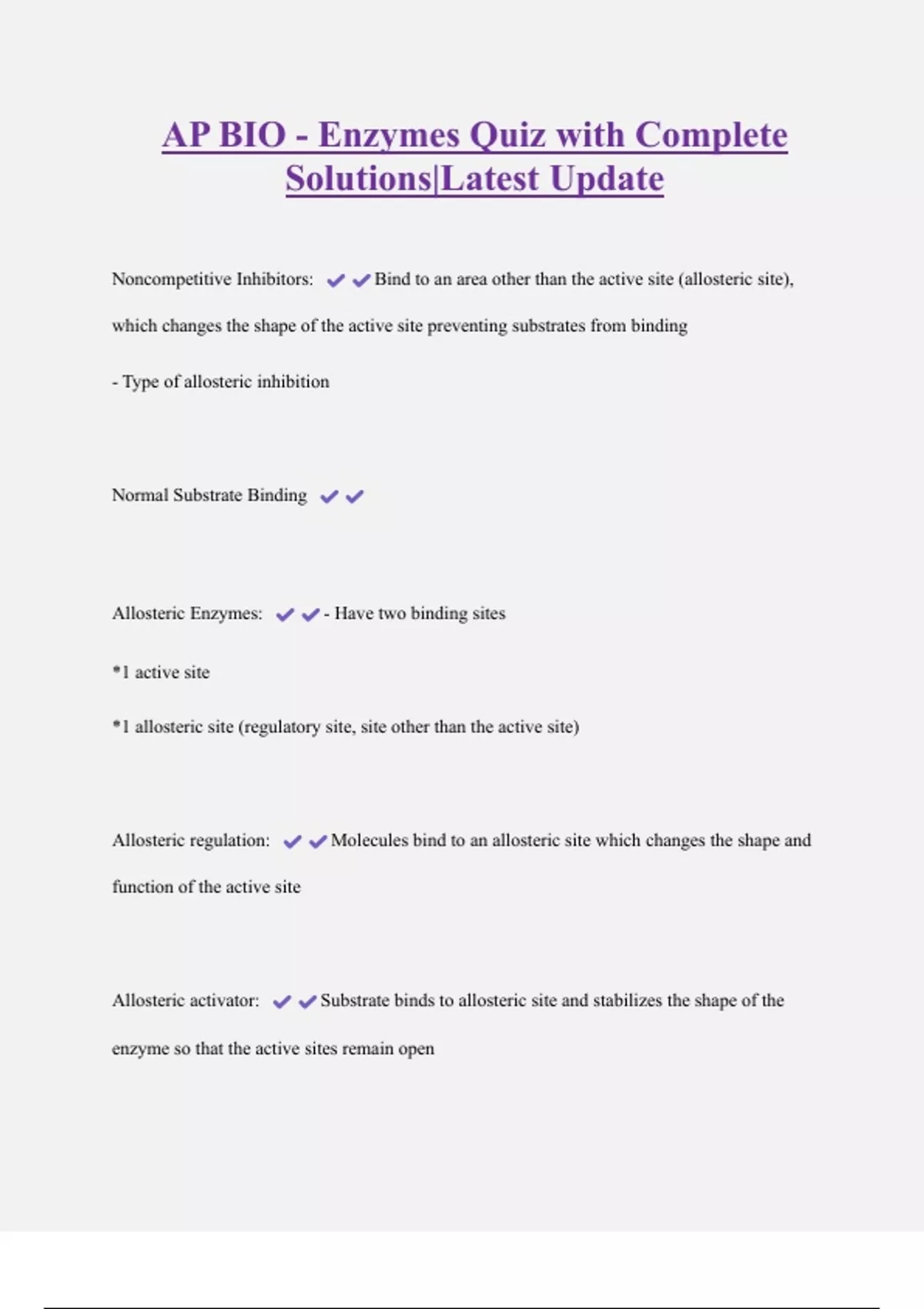 AP BIO - Enzymes Quiz with Complete Solutions|Latest Update - AP ...