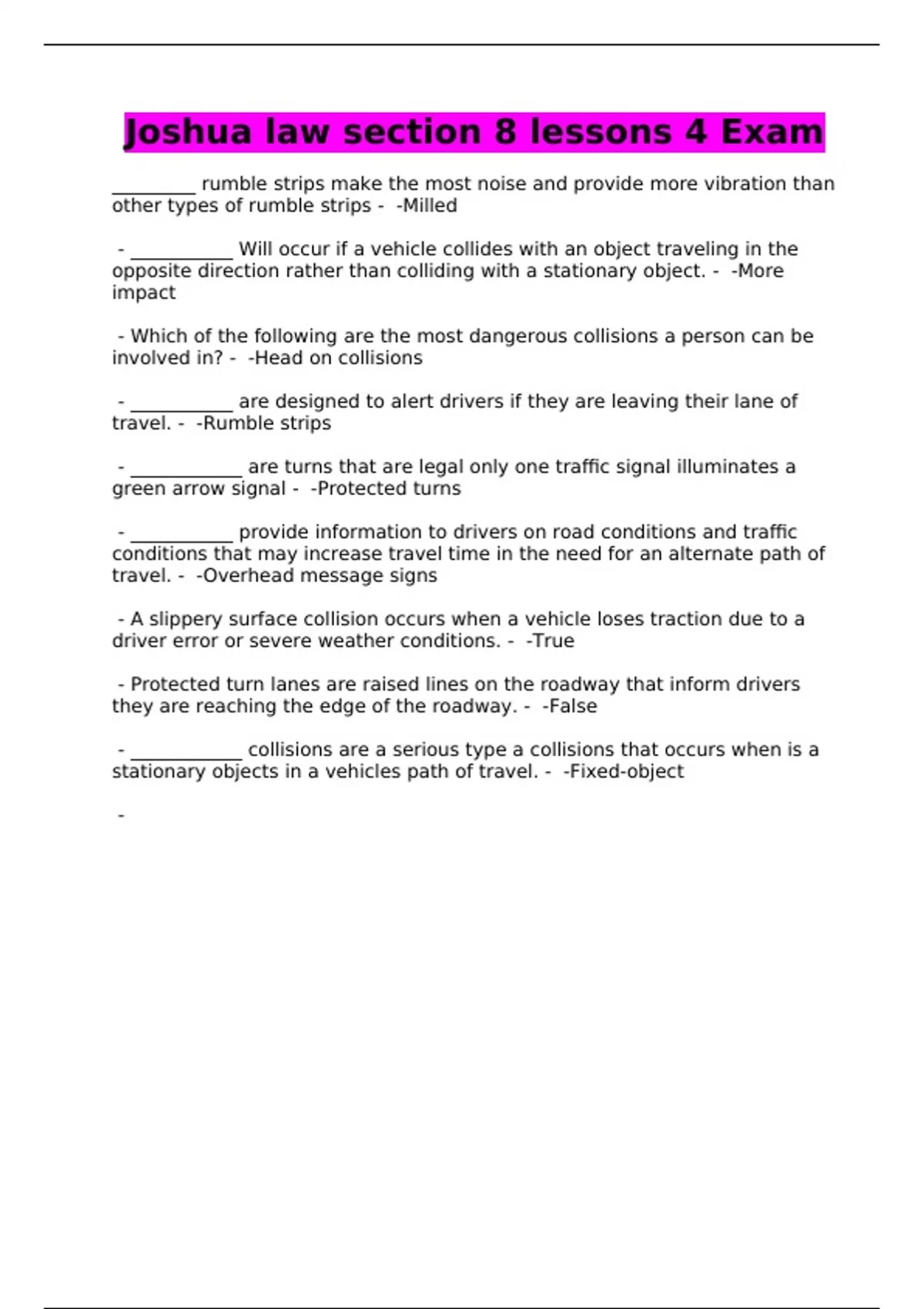 Joshua law section 8 lessons 4 Exam Joshua law section 8 lessons 4