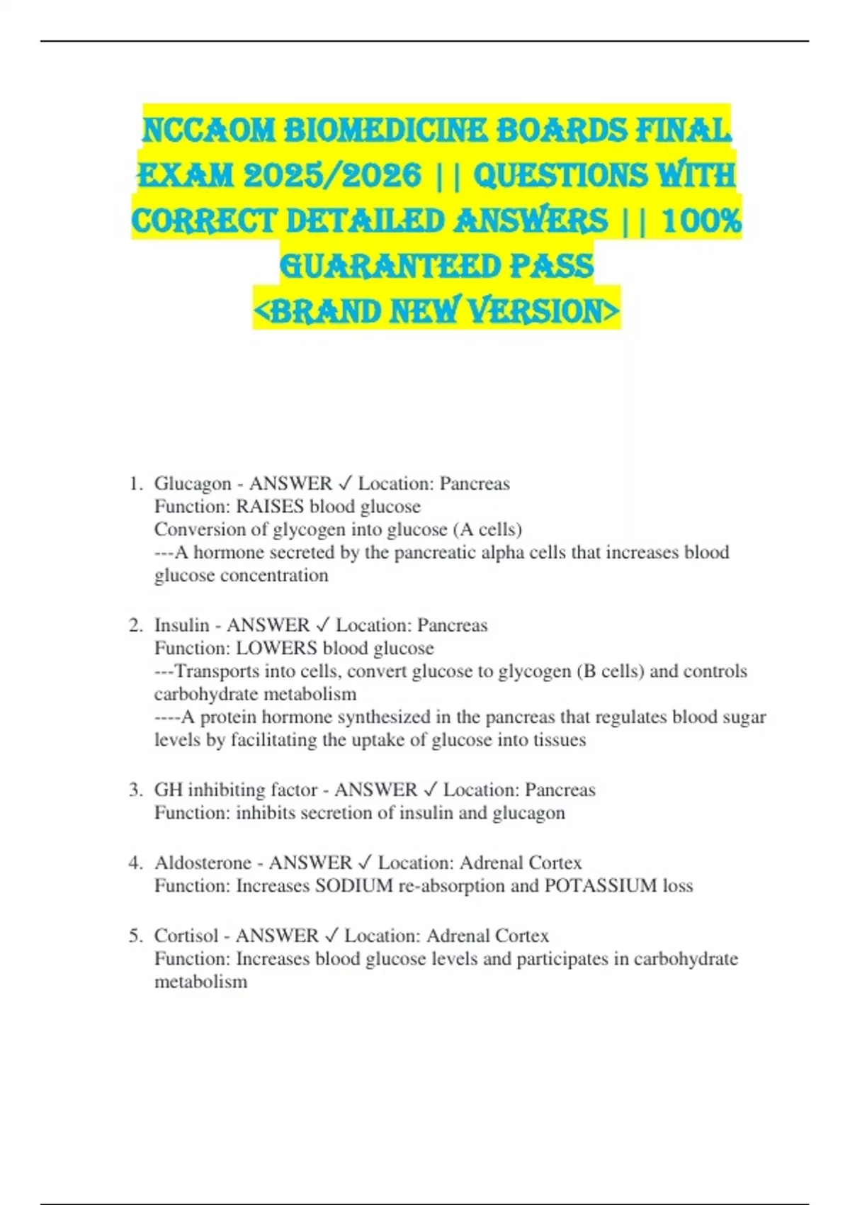 NCCAOM Biomedicine Boards Final Exam 2025/2026 || QUESTIONS WITH ...