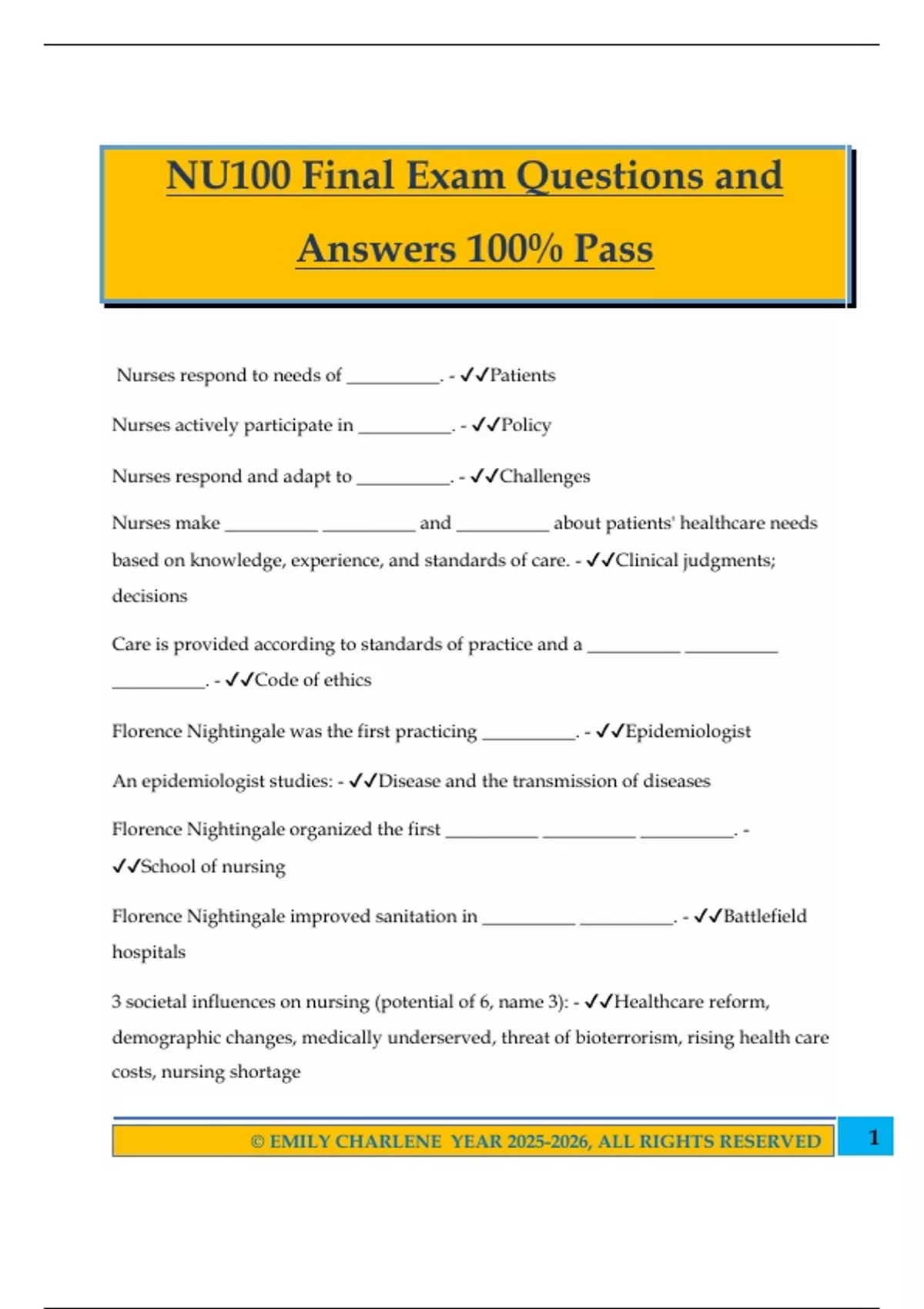 NU100 Final Exam Questions and Answers 100% Pass - NU 100 - Stuvia US
