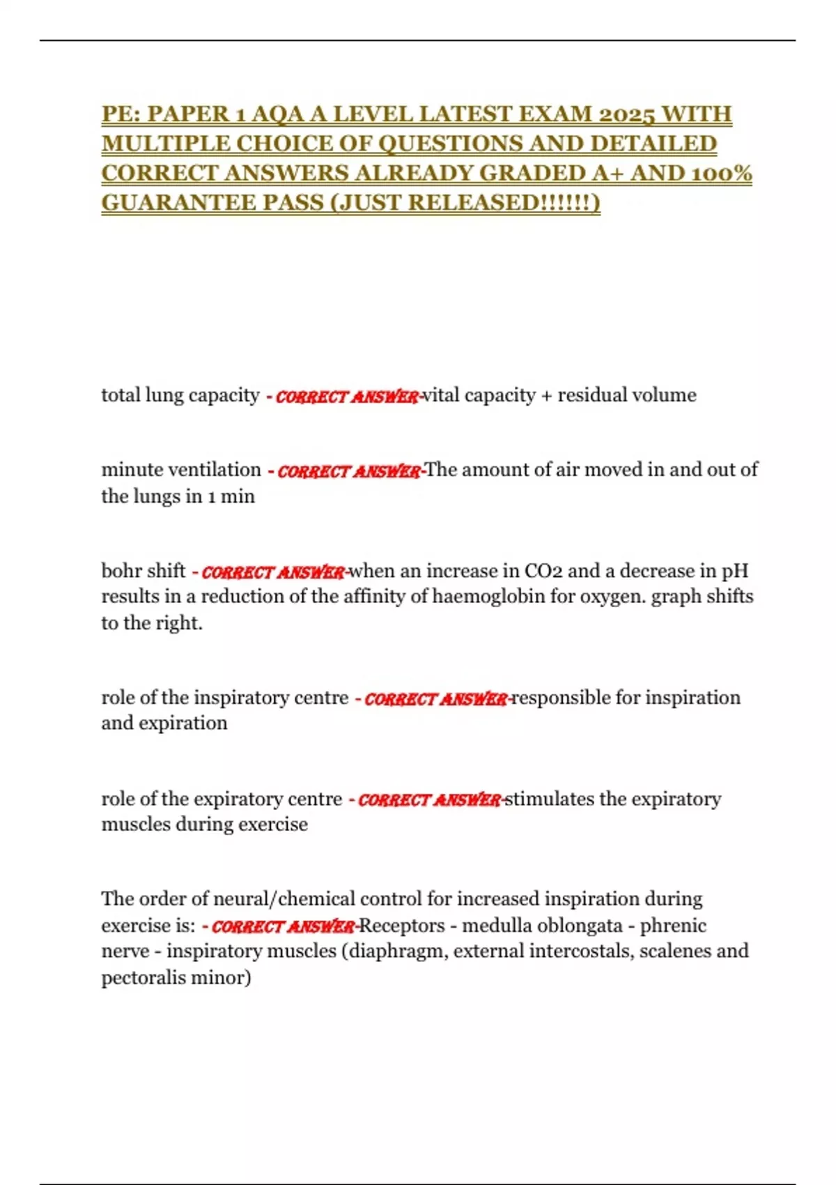 PE: PAPER 1 AQA A LEVEL LATEST EXAM 2025 WITH MULTIPLE CHOICE OF ...