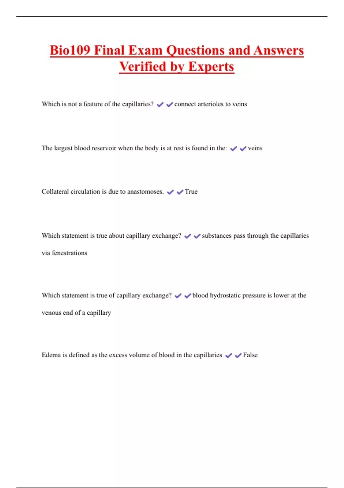 Bio109 Final Exam Questions and Answers Verified by Experts - Bio 109 ...