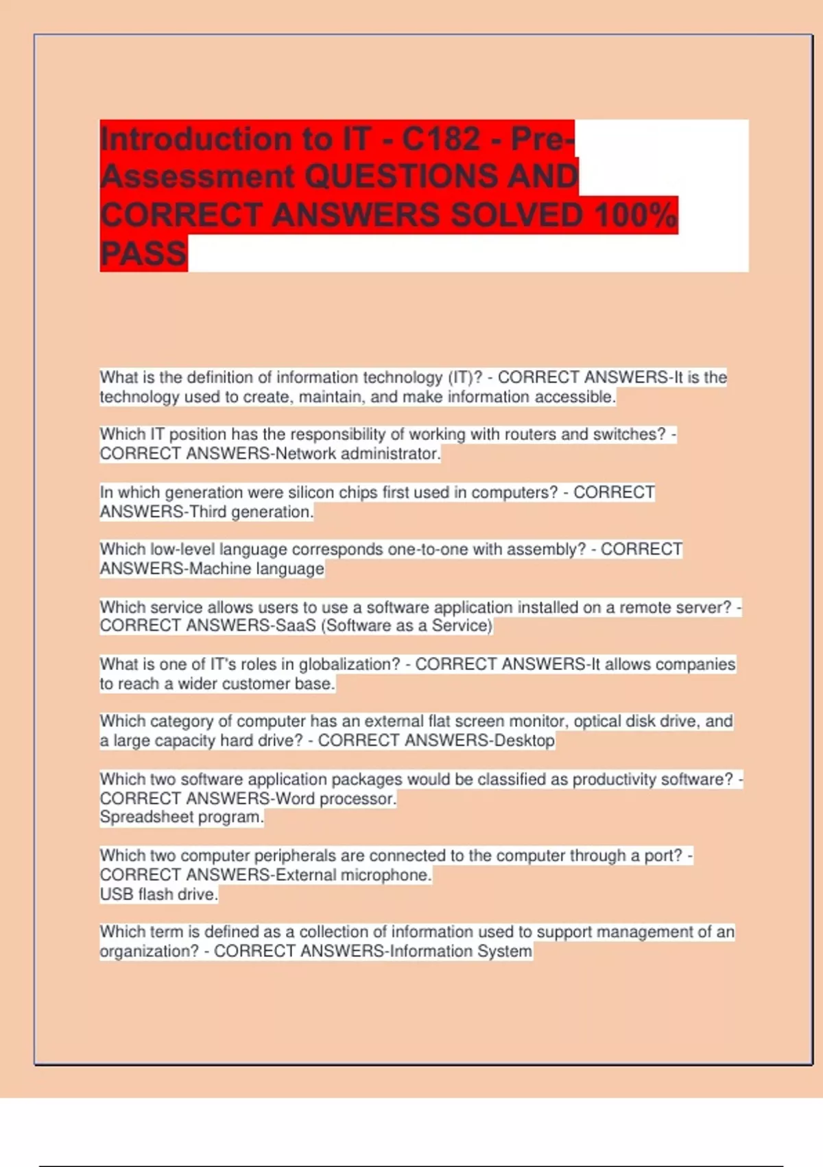 Introduction to IT - C182 - Pre Assessment QUESTIONS AND CORRECT ...