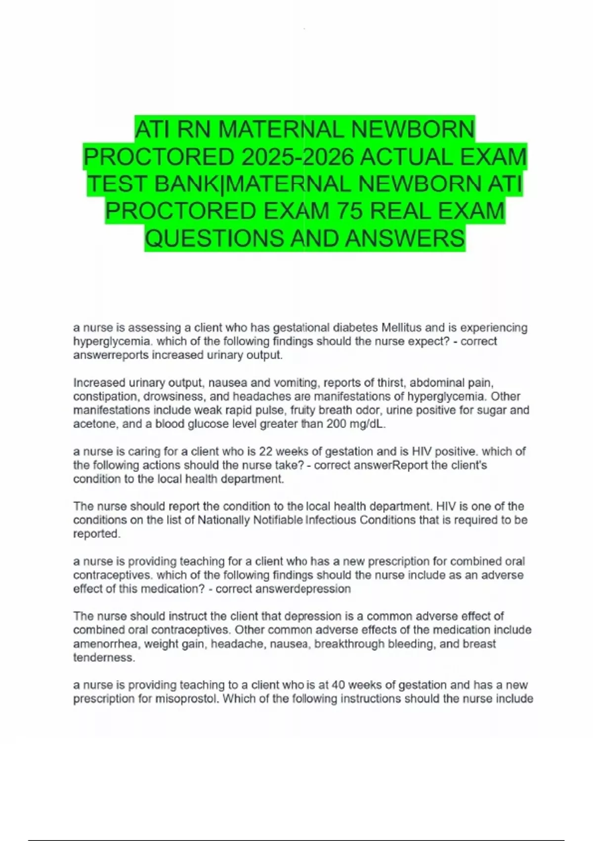 ATI RN MATERNAL NEWBORN PROCTORED ACTUAL EXAM TEST BANK|MATERNAL