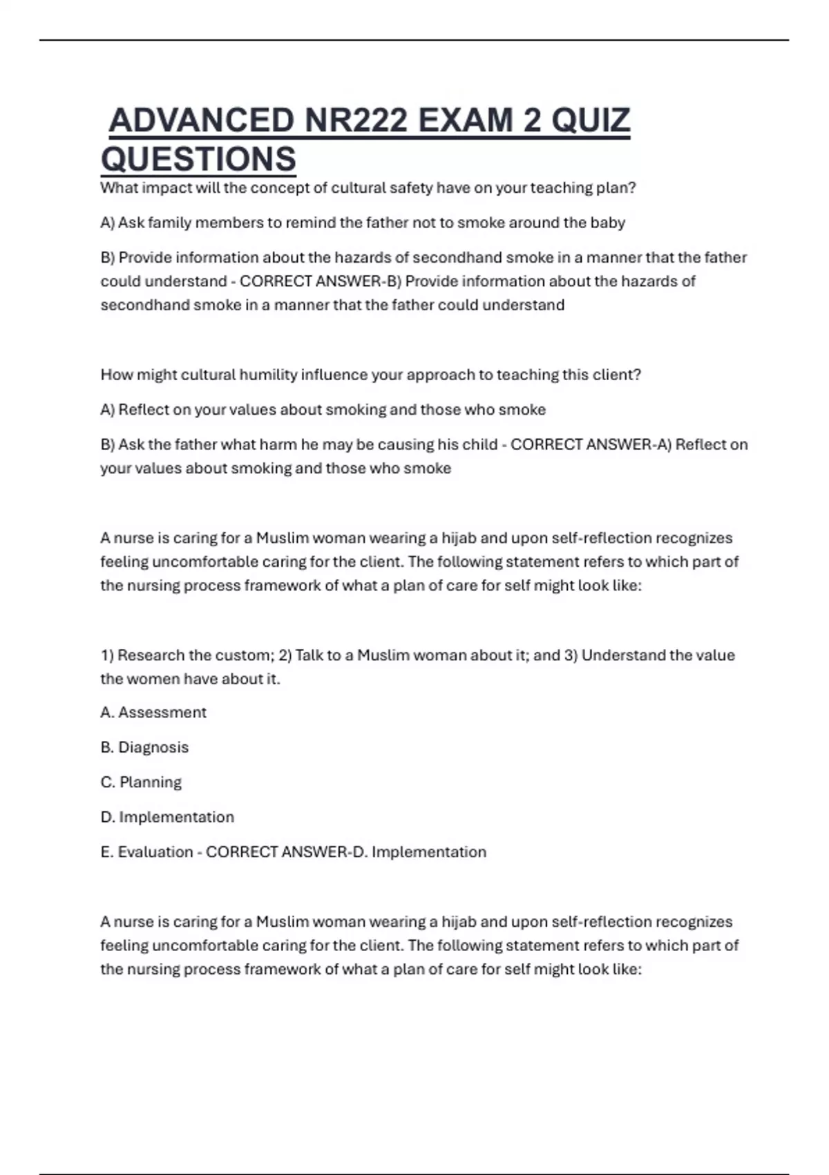 ADVANCED NR222 EXAM 2 QUIZ QUESTIONS - NR222 - Stuvia US