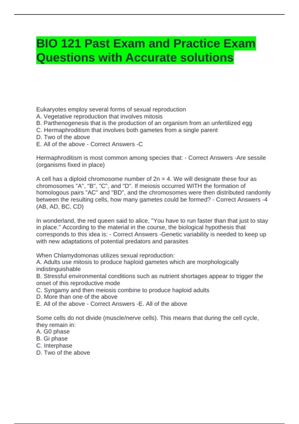 BIO 121 Past Exam and Practice Exam Questions with Accurate solutions ...