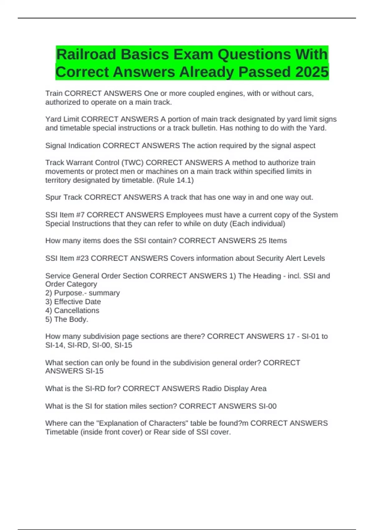 Railroad Basics Exam Questions With Correct Answers Already Passed 2025 ...