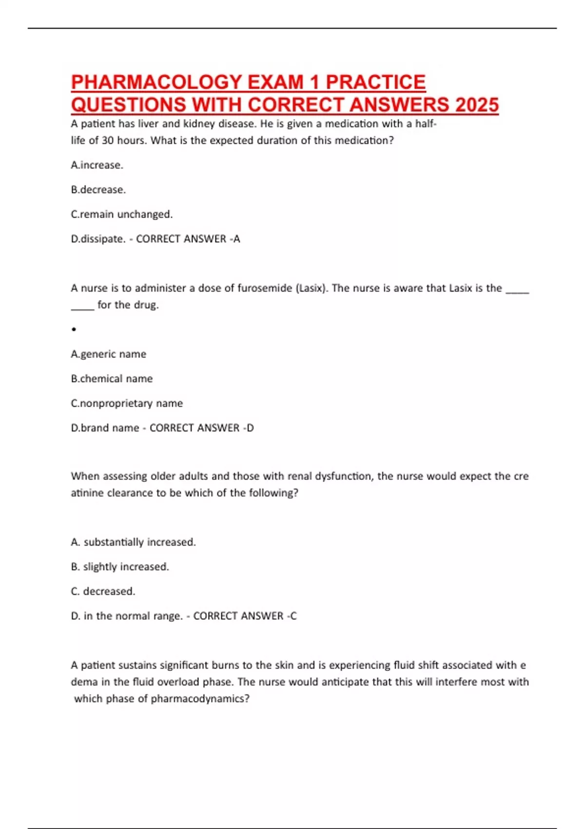 PHARMACOLOGY EXAM 1 PRACTICE QUESTIONS WITH CORRECT ANSWERS 2025 ...