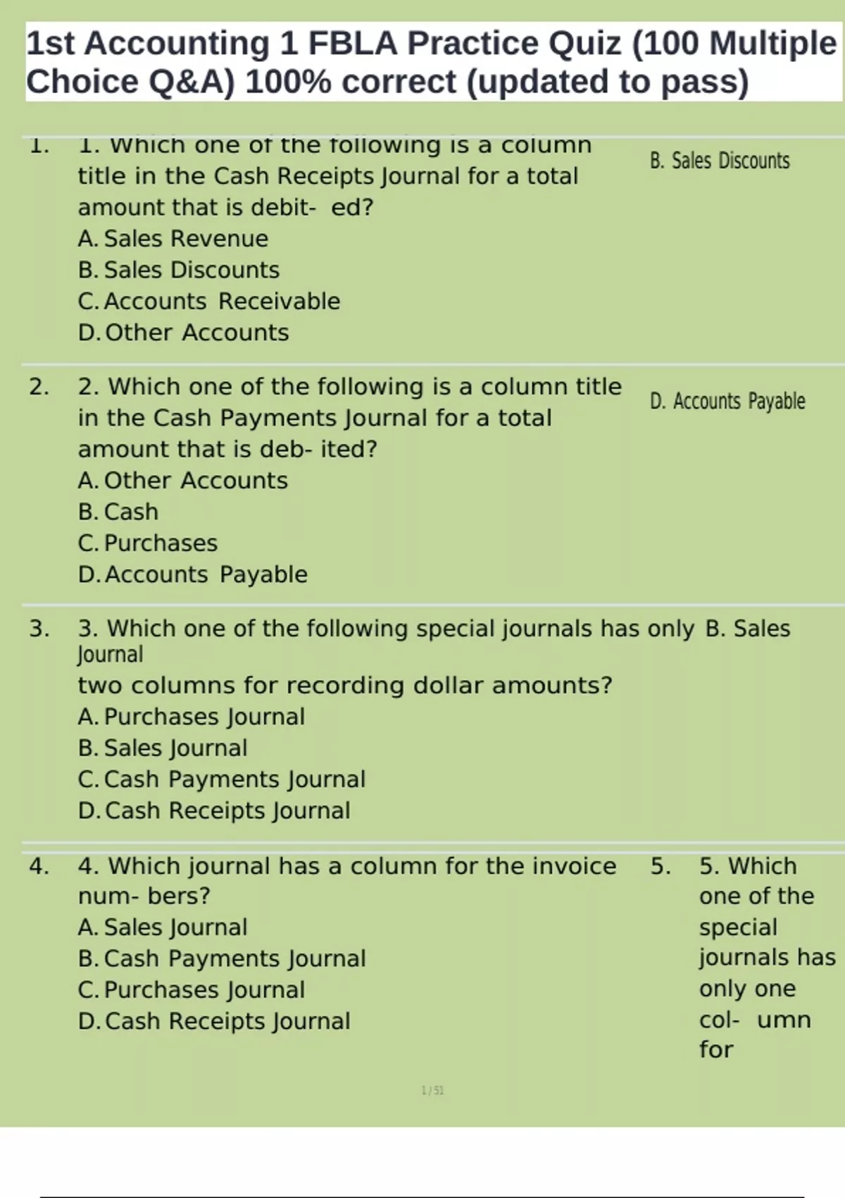 1st Accounting 1 FBLA Practice Quiz (100 Multiple Choice Q&A) 100% ...