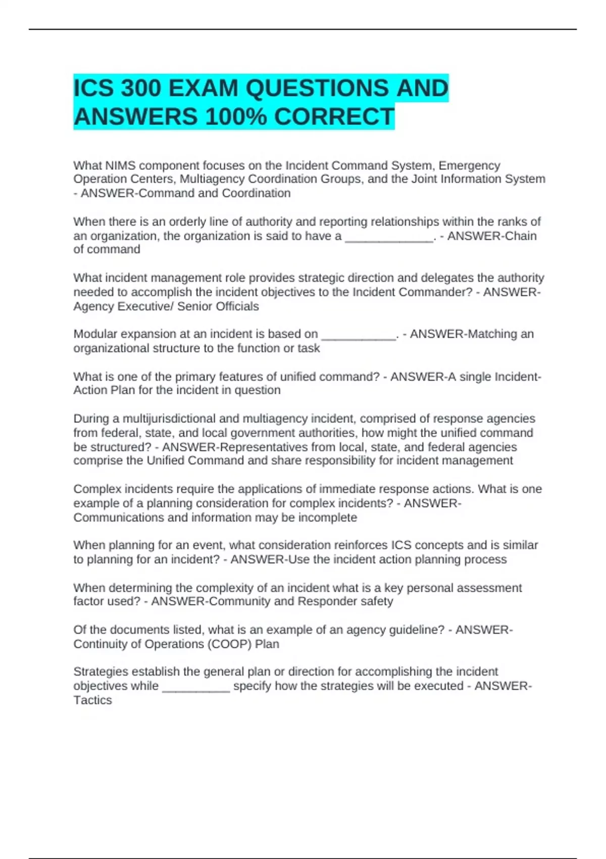 Ics 300 Exam Questions And Answers 100 Correct Ics 300 Stuvia Us