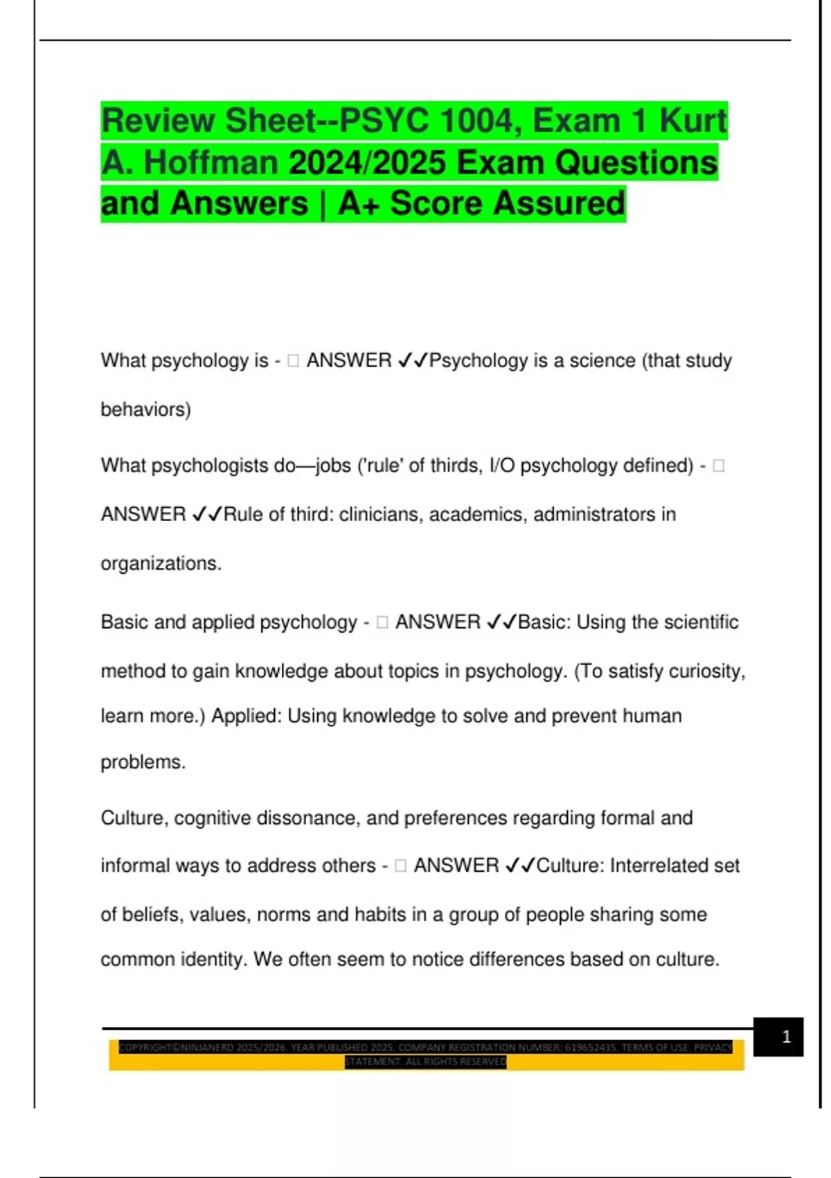 Review Sheet--PSYC 1004, Exam 1 Kurt A. Hoffman 2024/2025 Exam ...