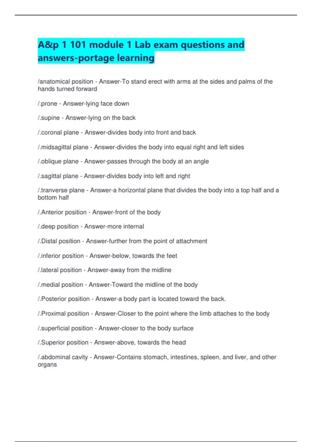 A&p 1 101 module 1 Lab exam questions and answers-portage learning - A ...