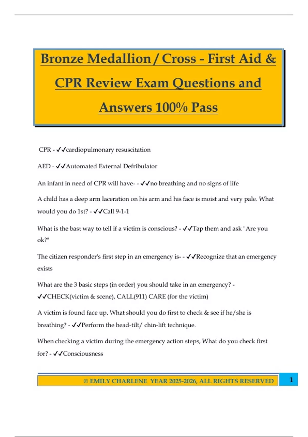 Bronze Medallion / Cross - First Aid & CPR Review Exam Questions and ...